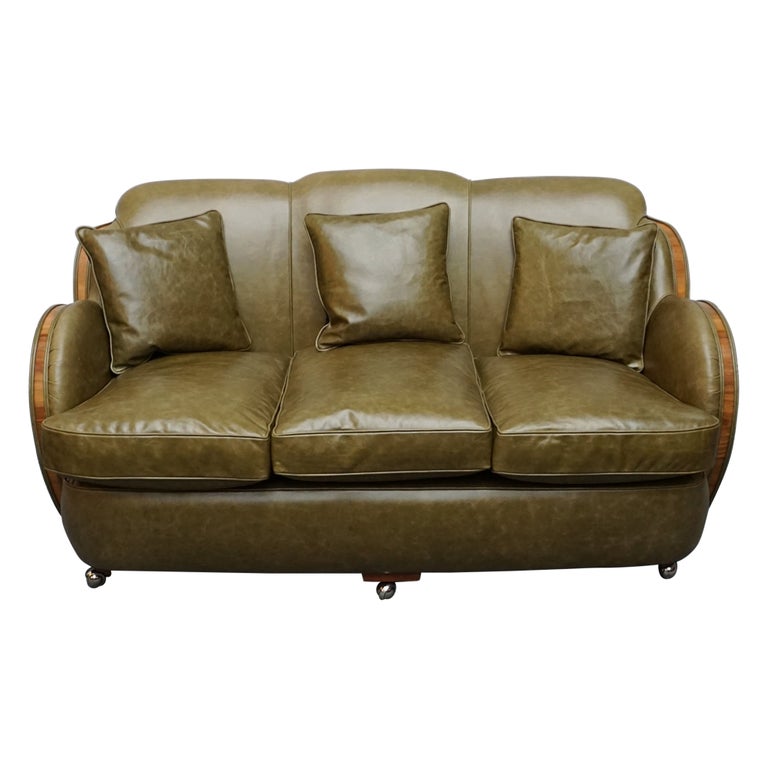Original Art Deco Sofa with Olive Green Leather and Walnut Banding - Jeroen Markies Art Deco