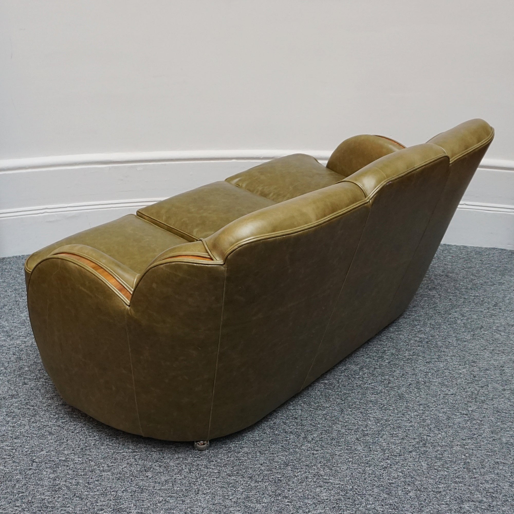 Original Art Deco Sofa with Olive Green Leather and Walnut Banding - Jeroen Markies Art Deco