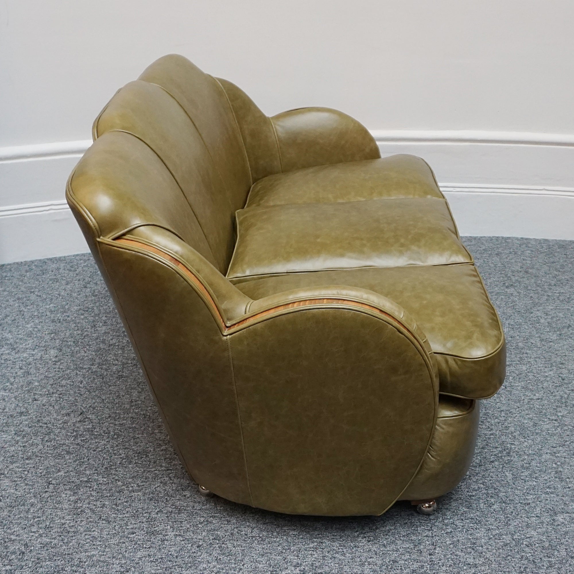 Original Art Deco Sofa with Olive Green Leather and Walnut Banding - Jeroen Markies Art Deco