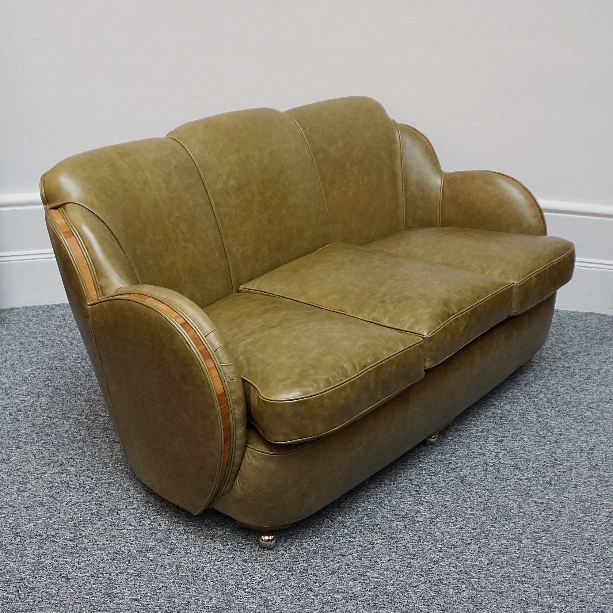 Original Art Deco Sofa with Olive Green Leather and Walnut Banding - Jeroen Markies Art Deco