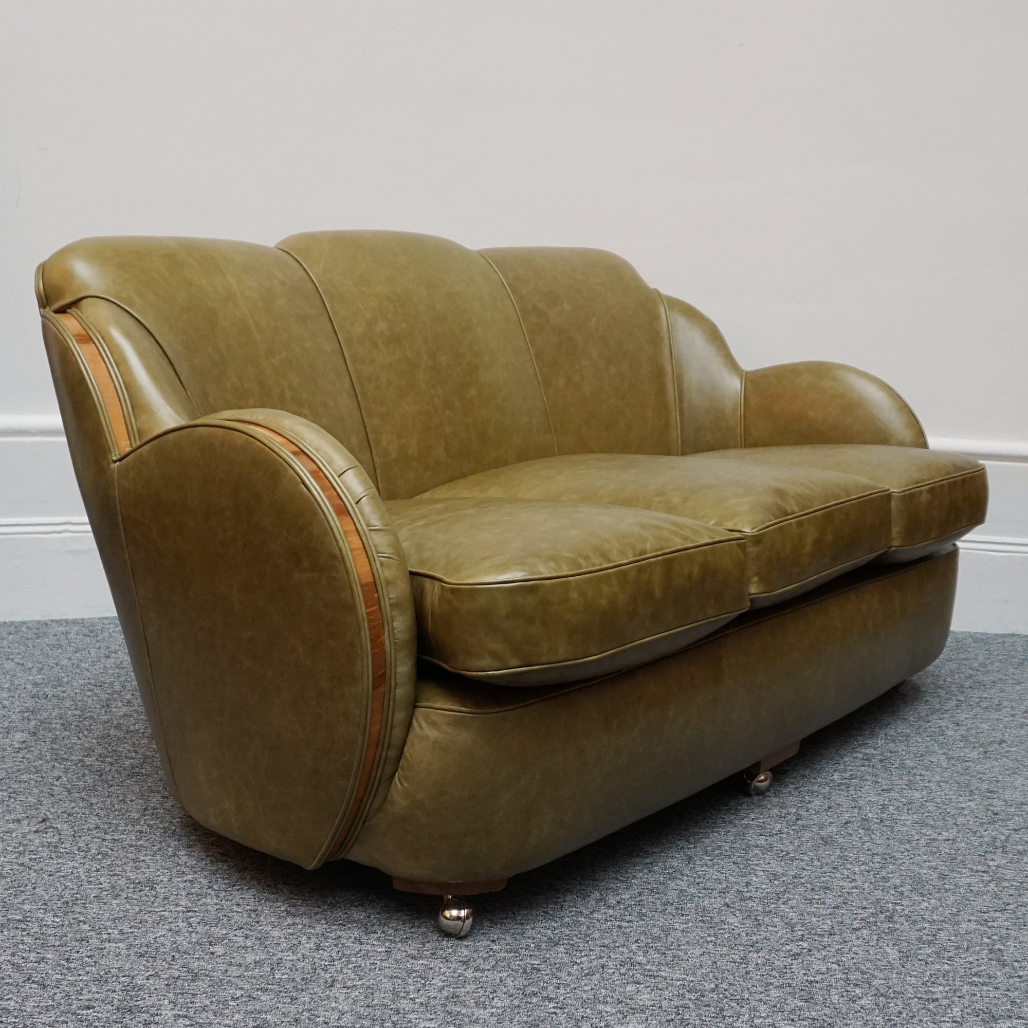 Original Art Deco Sofa with Olive Green Leather and Walnut Banding - Jeroen Markies Art Deco