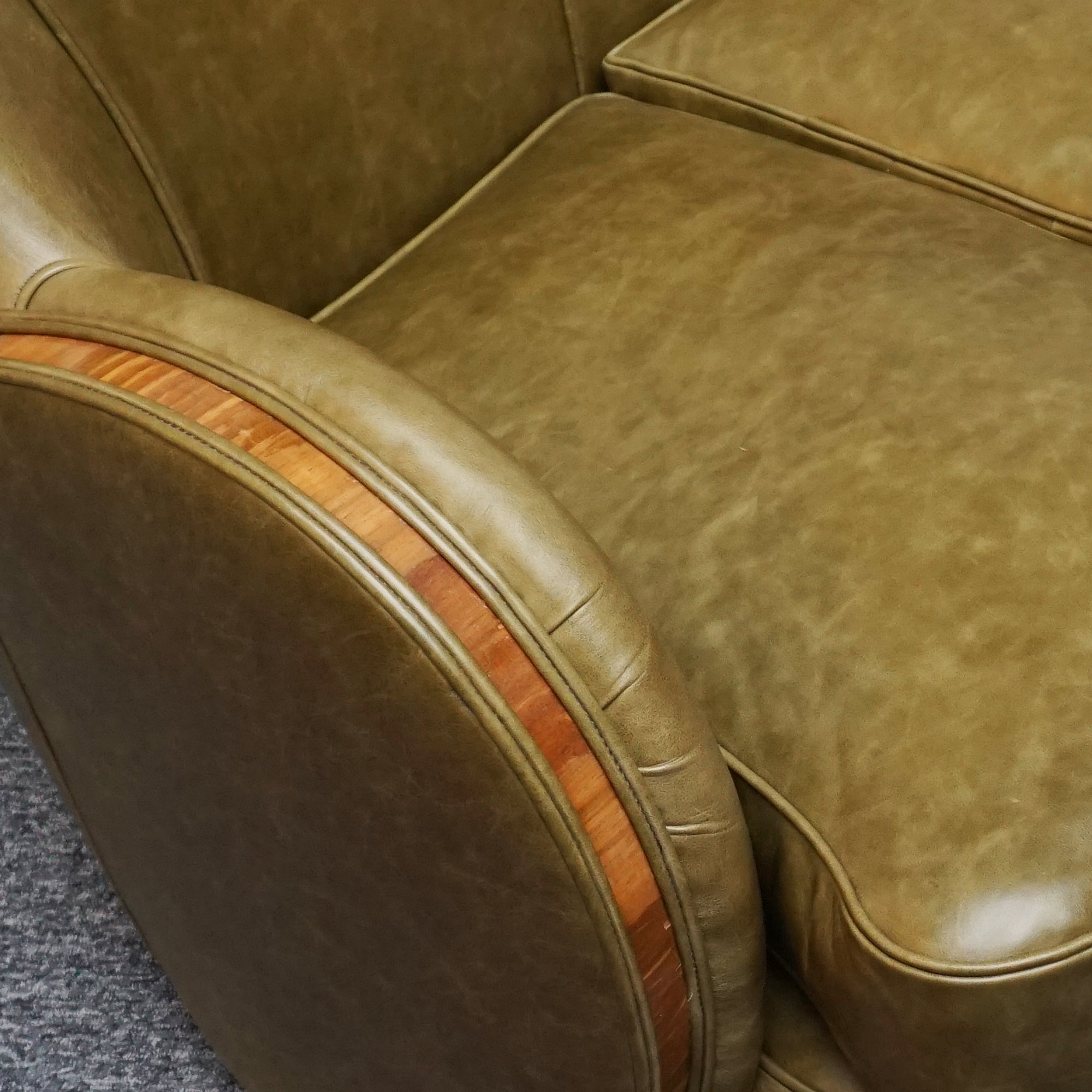 Original Art Deco Sofa with Olive Green Leather and Walnut Banding - Jeroen Markies Art Deco