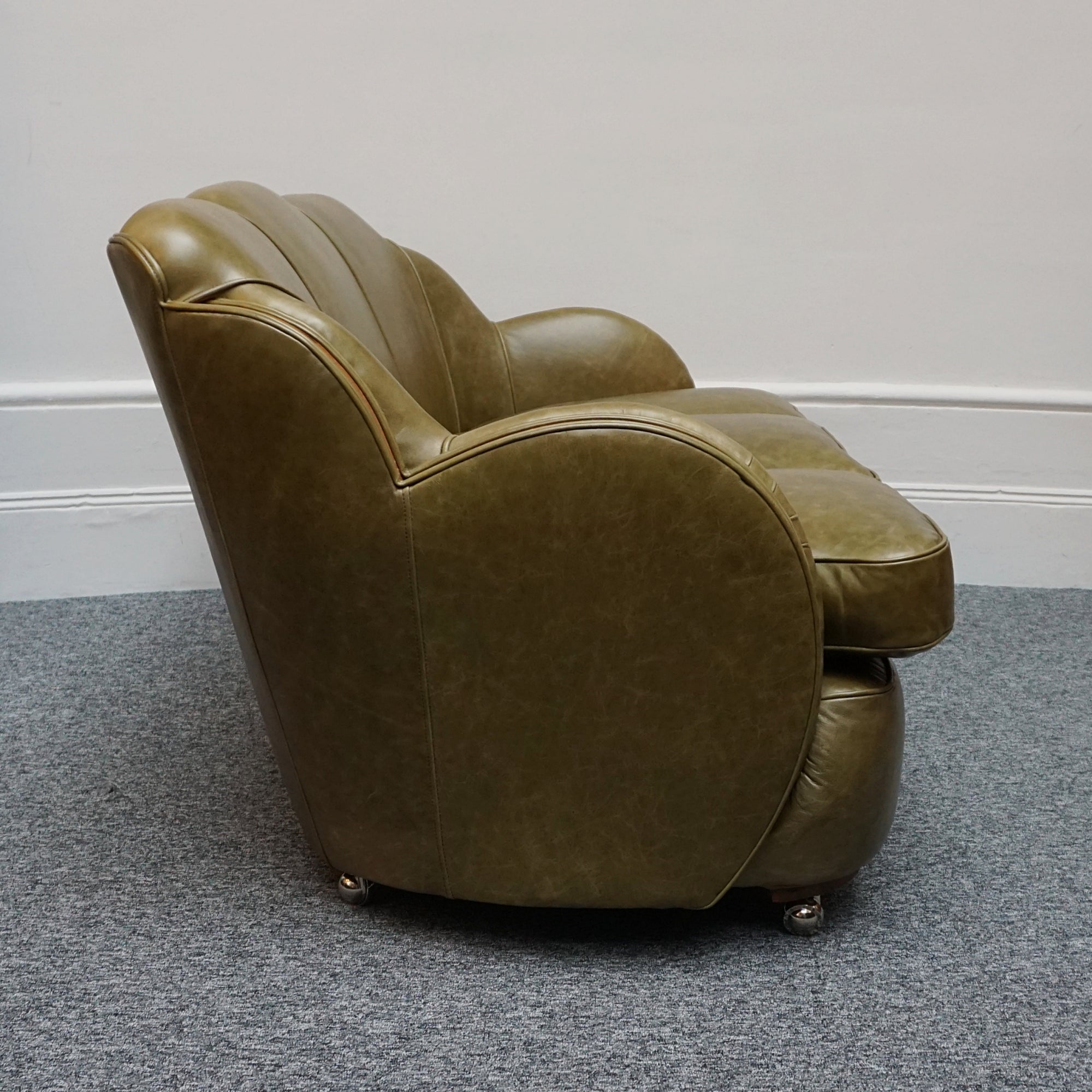 Original Art Deco Sofa with Olive Green Leather and Walnut Banding - Jeroen Markies Art Deco