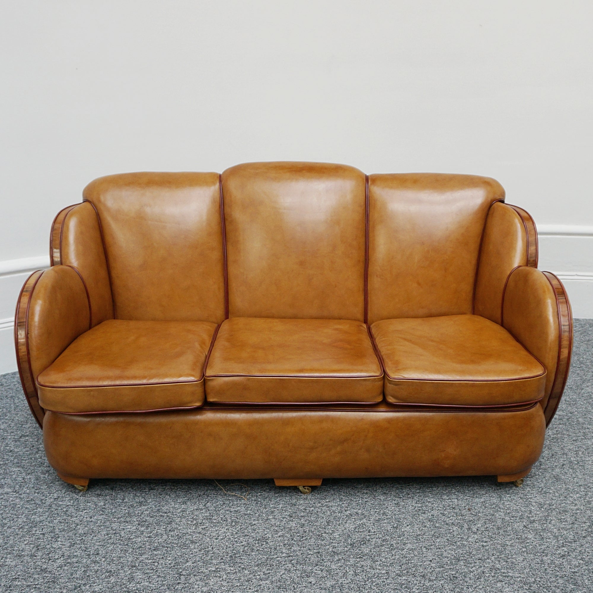 Vintage Art Deco Brown Leather and Walnut Trim Sofa - Jeroen Markies Art Deco