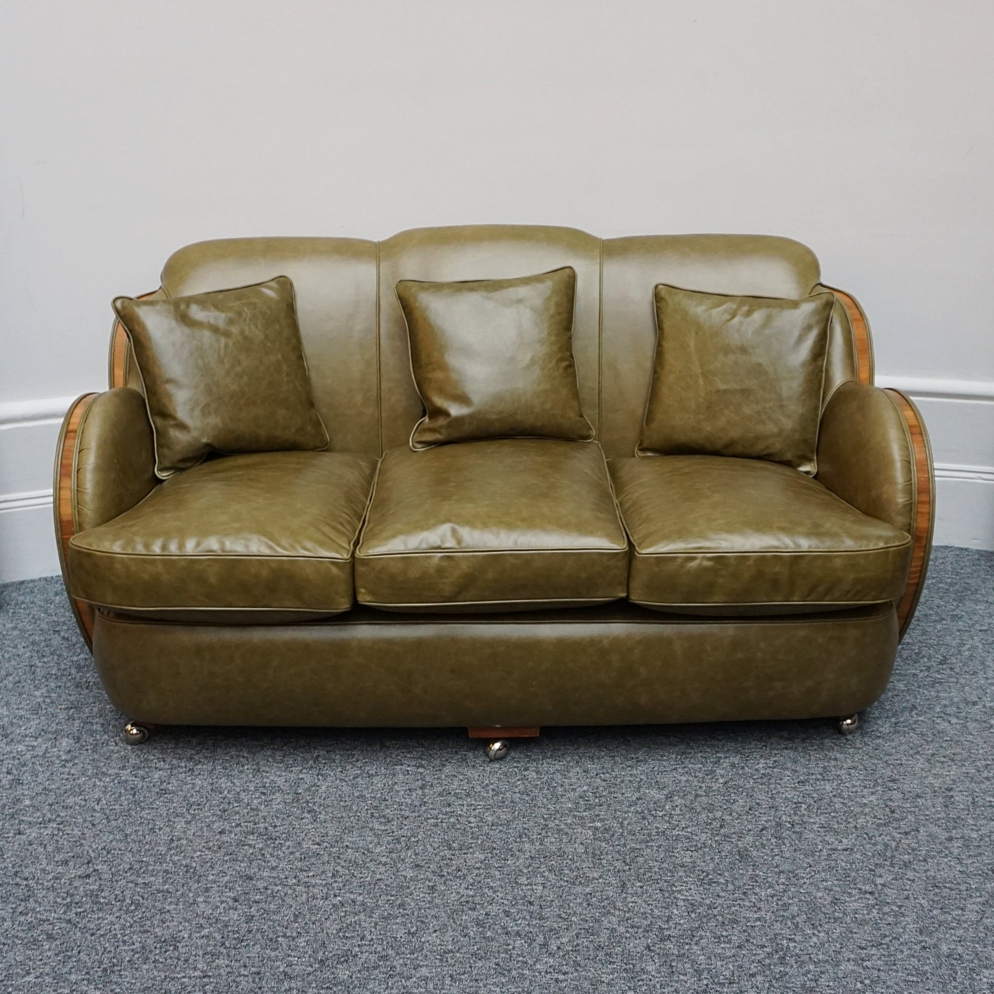 Original Art Deco Sofa with Olive Green Leather and Walnut Banding - Jeroen Markies Art Deco
