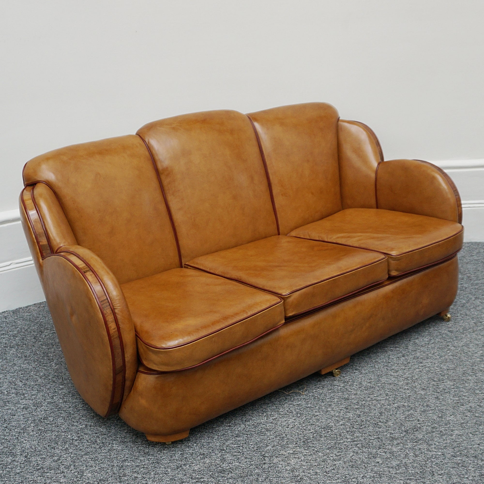 Vintage Art Deco Brown Leather and Walnut Trim Sofa - Jeroen Markies Art Deco