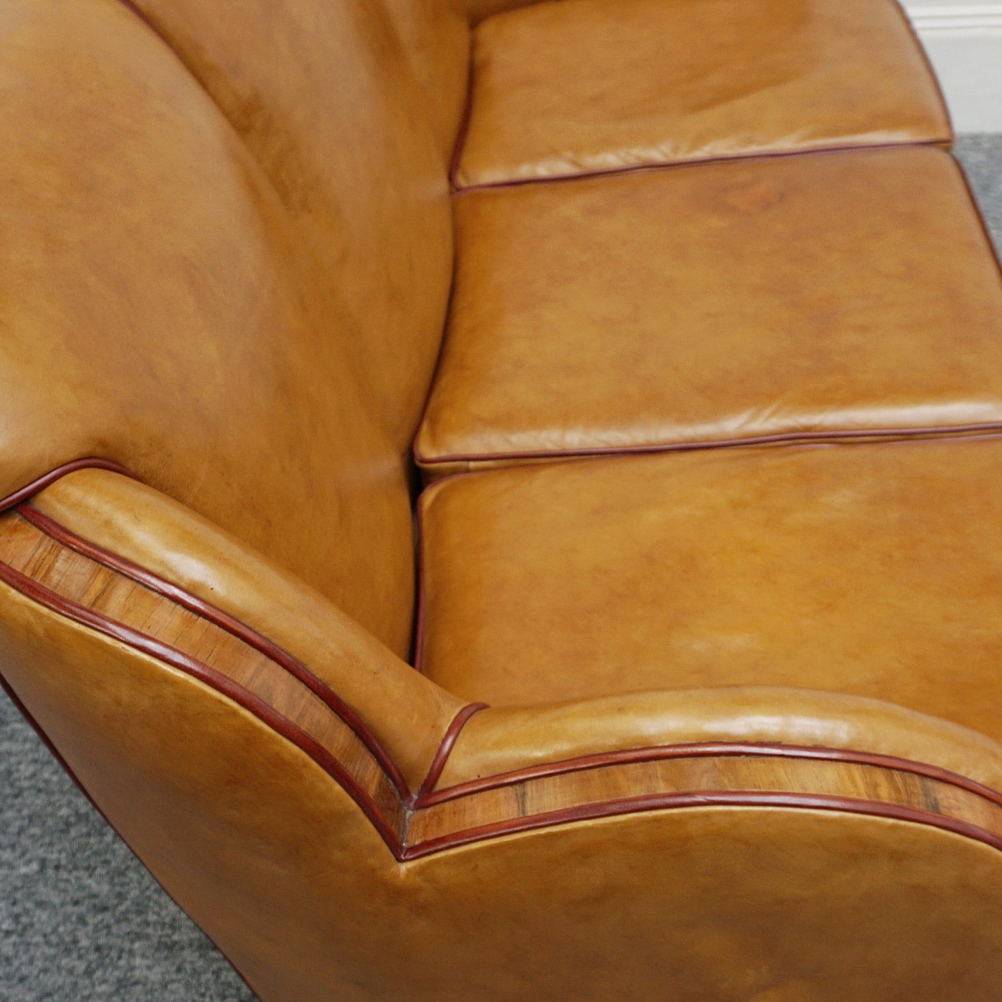 Vintage Art Deco Brown Leather and Walnut Trim Sofa - Jeroen Markies Art Deco