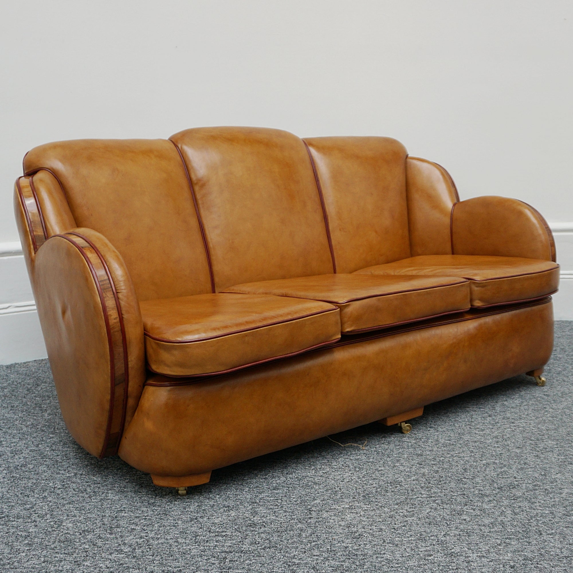 Vintage Art Deco Brown Leather and Walnut Trim Sofa - Jeroen Markies Art Deco