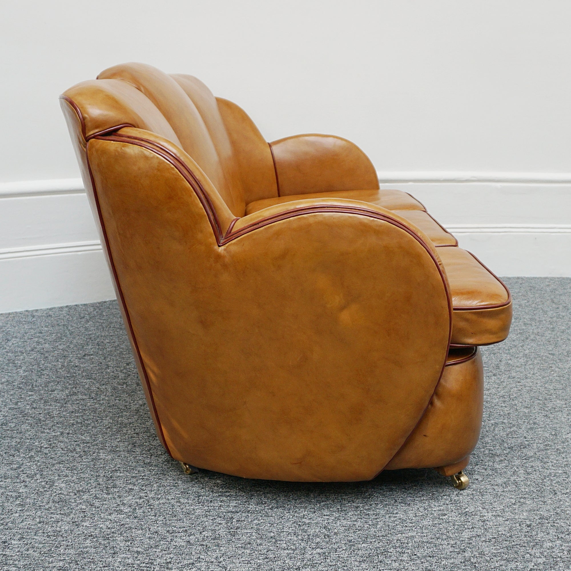 Vintage Art Deco Brown Leather and Walnut Trim Sofa - Jeroen Markies Art Deco