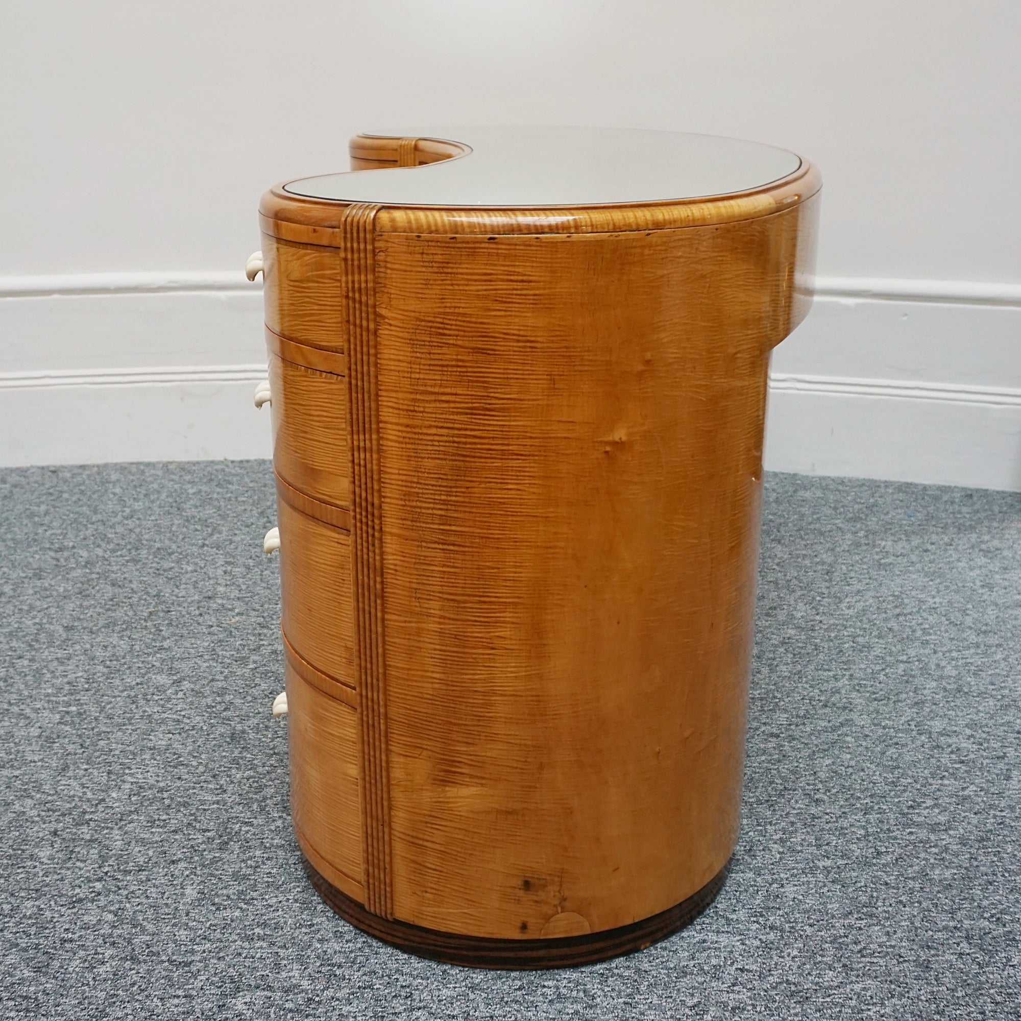 An Art Deco Desk by Betty Joel. Satin birch veneered with macassar ebony banding to base. Glass mirrored top with original ivory hand carved shell handles. 1930 dressing table, art deco desk - Jeroen Markies Art Deco