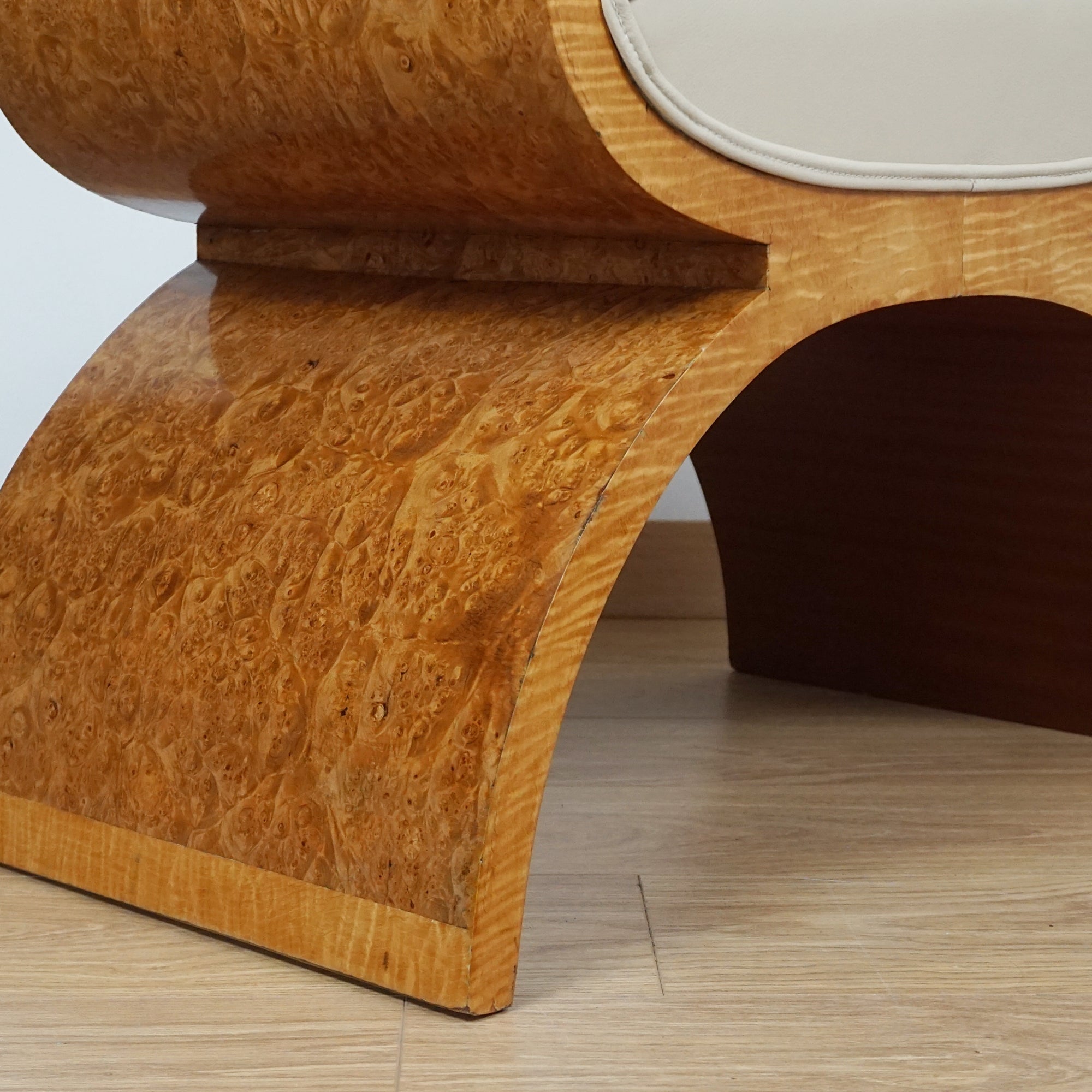 Art Deco Harry & Lou Epstein X-Frame Stool - Burr Walnut and Cream Leather - Markies Antiques