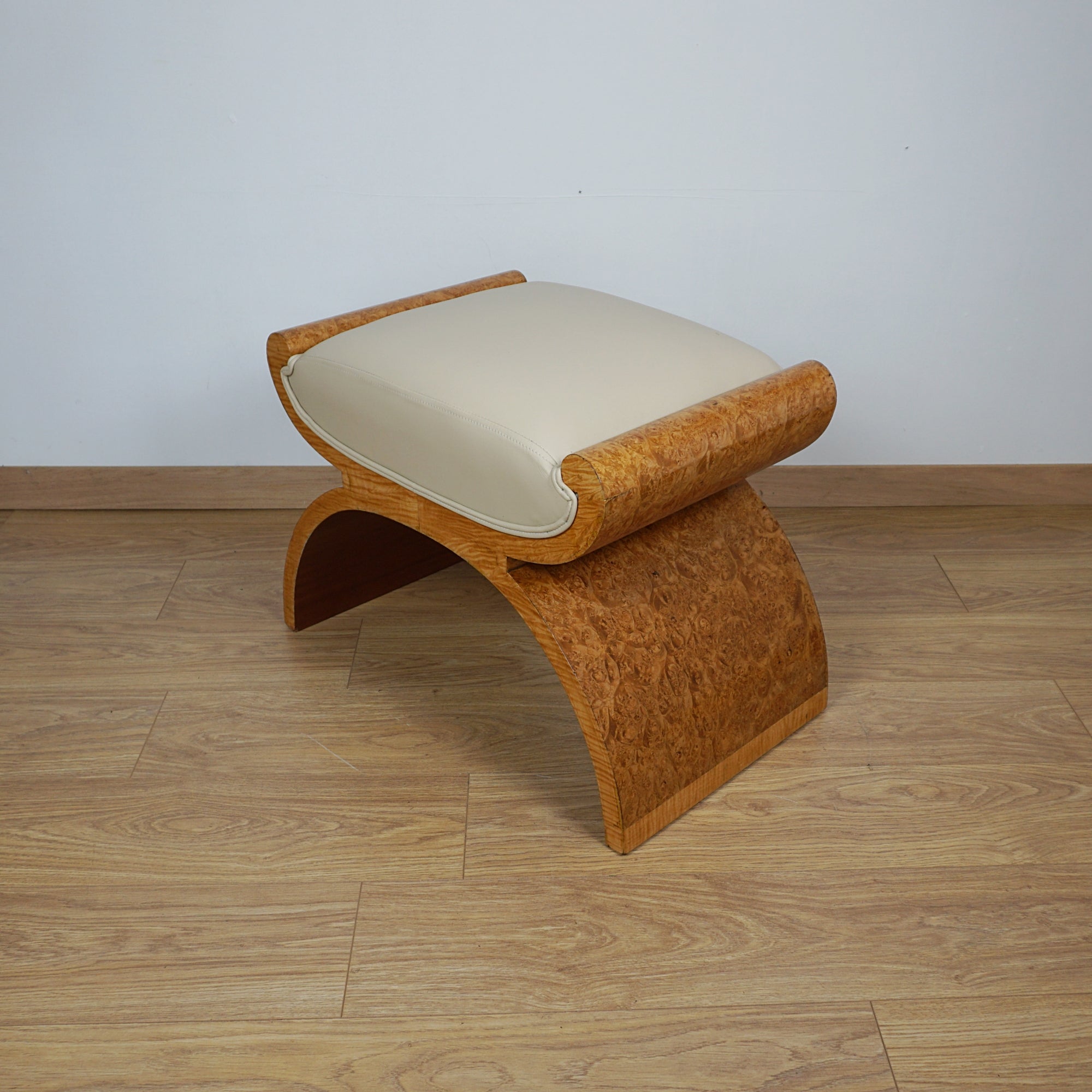 Art Deco Harry & Lou Epstein X-Frame Stool - Burr Walnut and Cream Leather - Markies Antiques