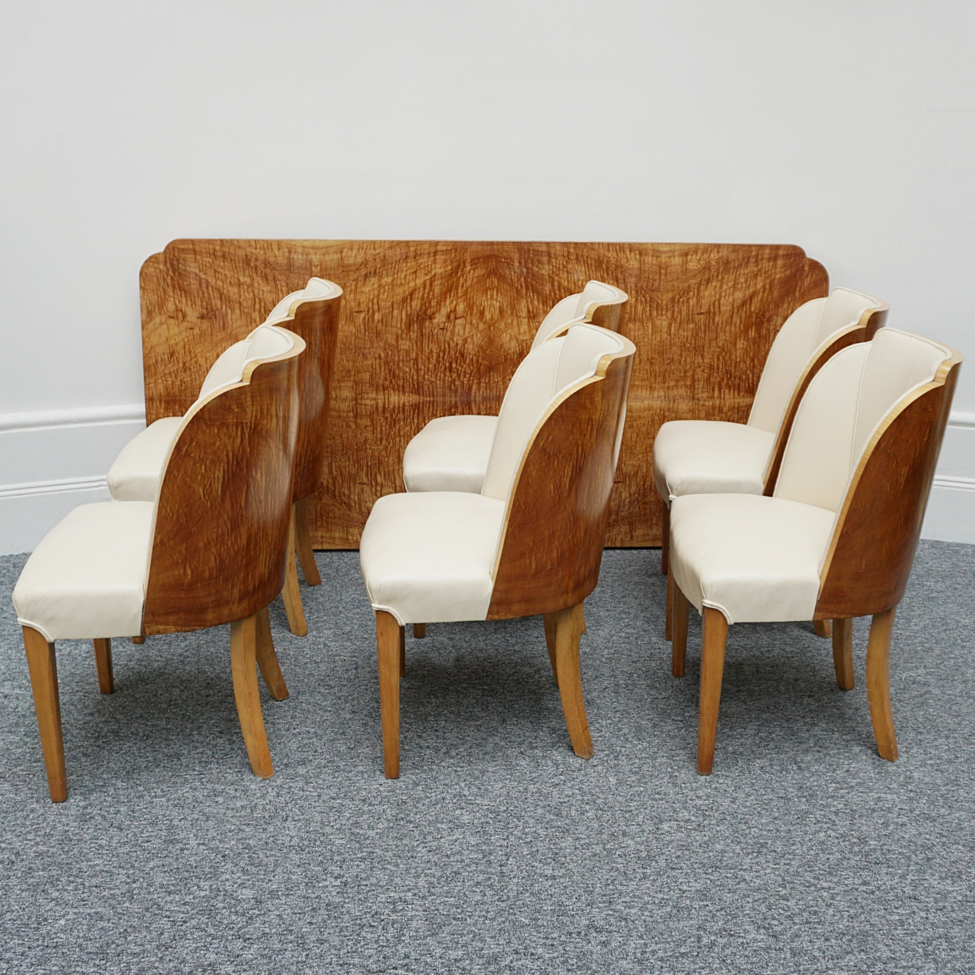 Vintage Six Seater Art Deco Dining Table and Chairs by Harry & Lou Epstein - Satinwood Veneer - Jeroen Markies Art Deco