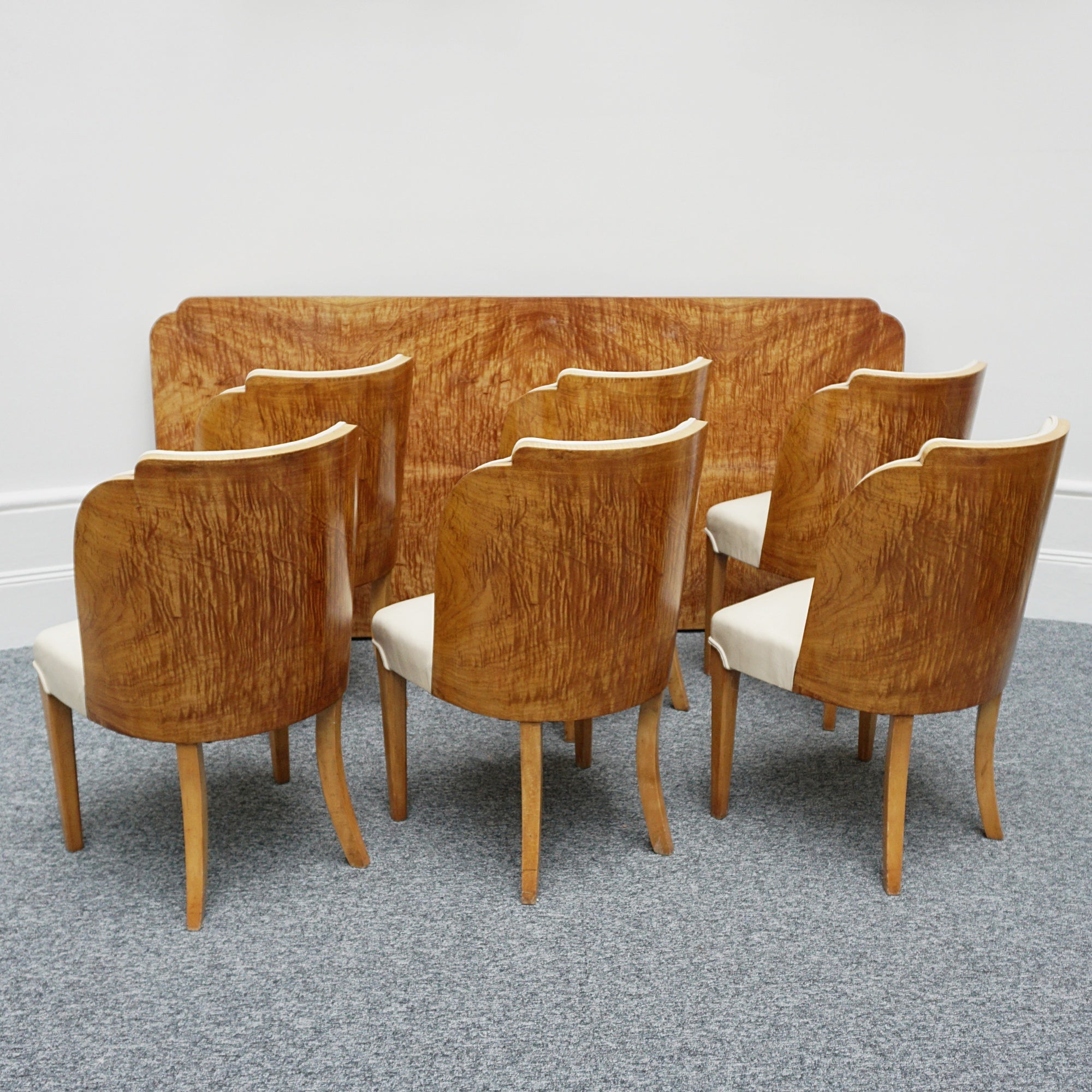 Vintage Six Seater Art Deco Dining Table and Chairs by Harry & Lou Epstein - Satinwood Veneer - Jeroen Markies Art Deco