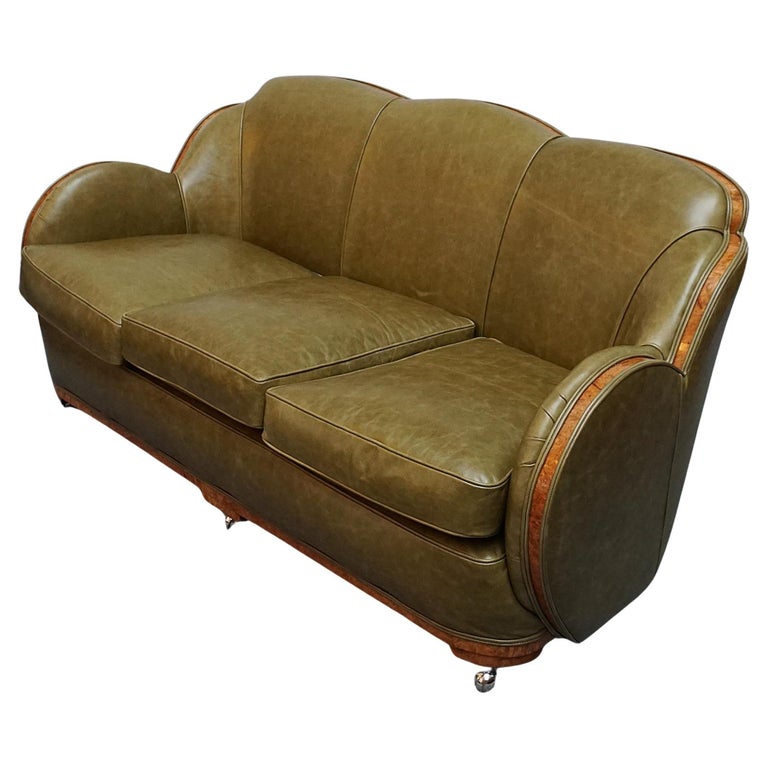 Original Art Deco Green Leather Upholstered Cloud Sofa by Harry & Lou Epstein - Jeroen Markies Art Deco