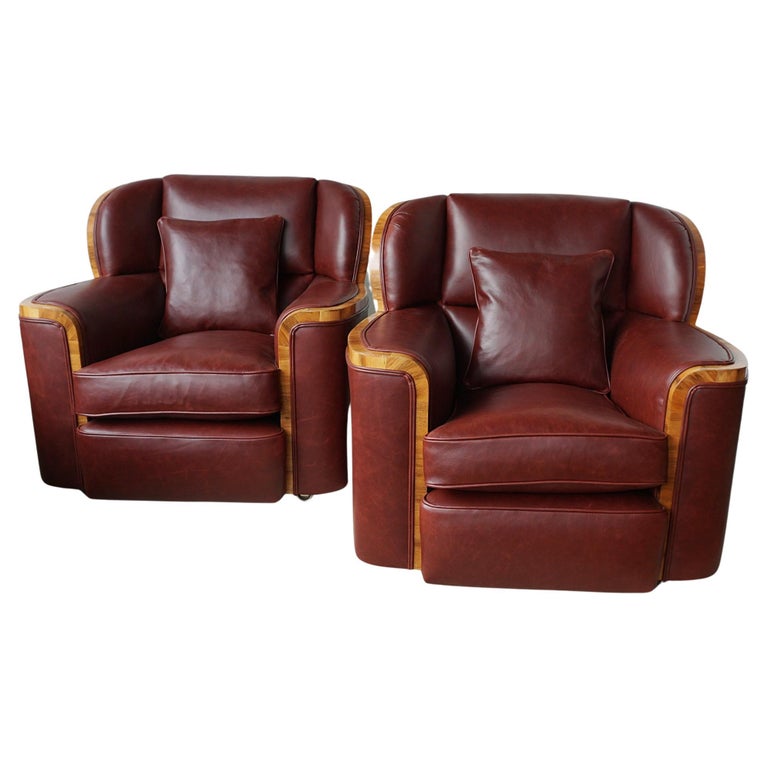 Vintage Art Deco Chestnut Leather Lounger Armchairs - Jeroen Markies Art Deco