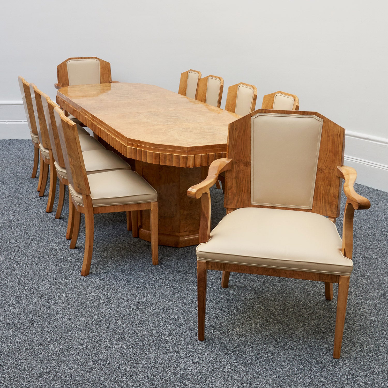 Art Deco Ten Seat Dining Suite by Hille Burr Walnut and Cream Leather - Jeroen Markies Art Deco - Original Dining Suite Art Deco