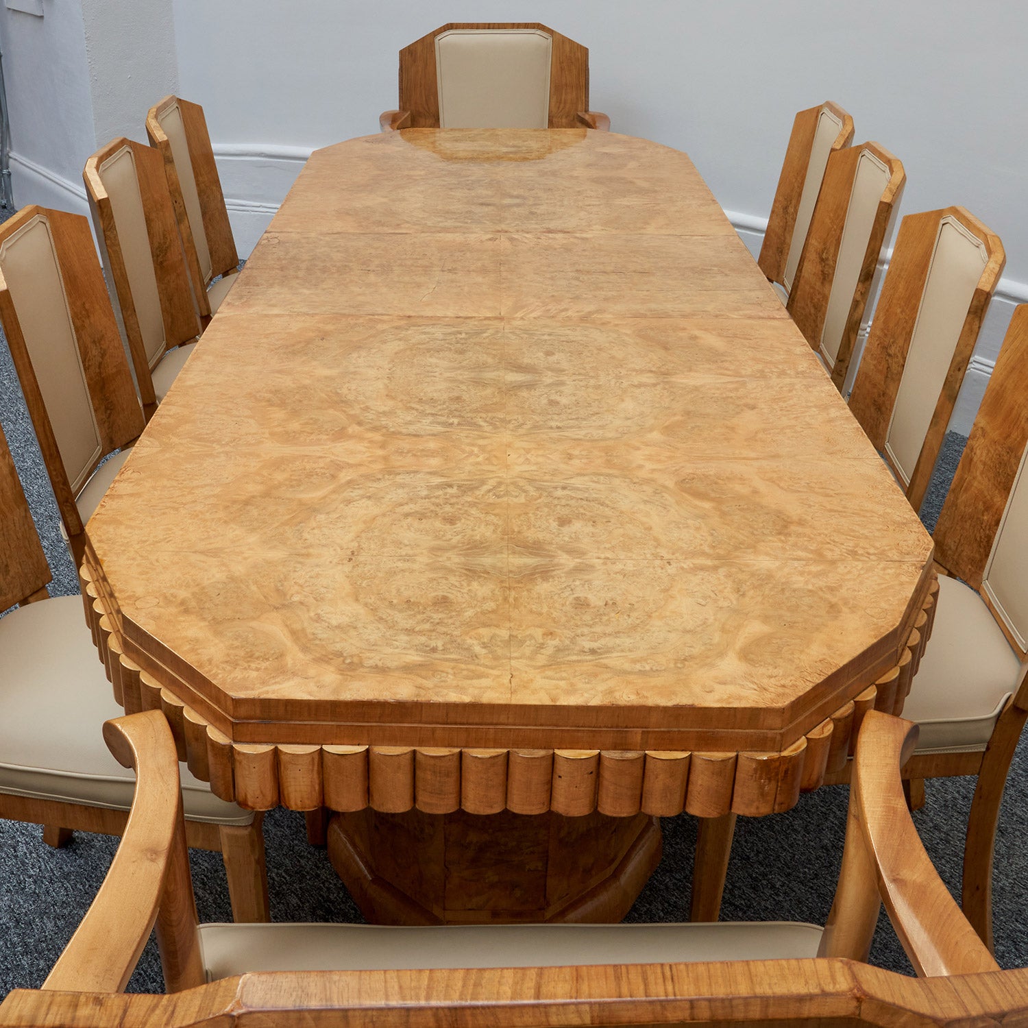 Art Deco Ten Seat Dining Suite by Hille Burr Walnut and Cream Leather - Jeroen Markies Art Deco - Original Dining Suite Art Deco