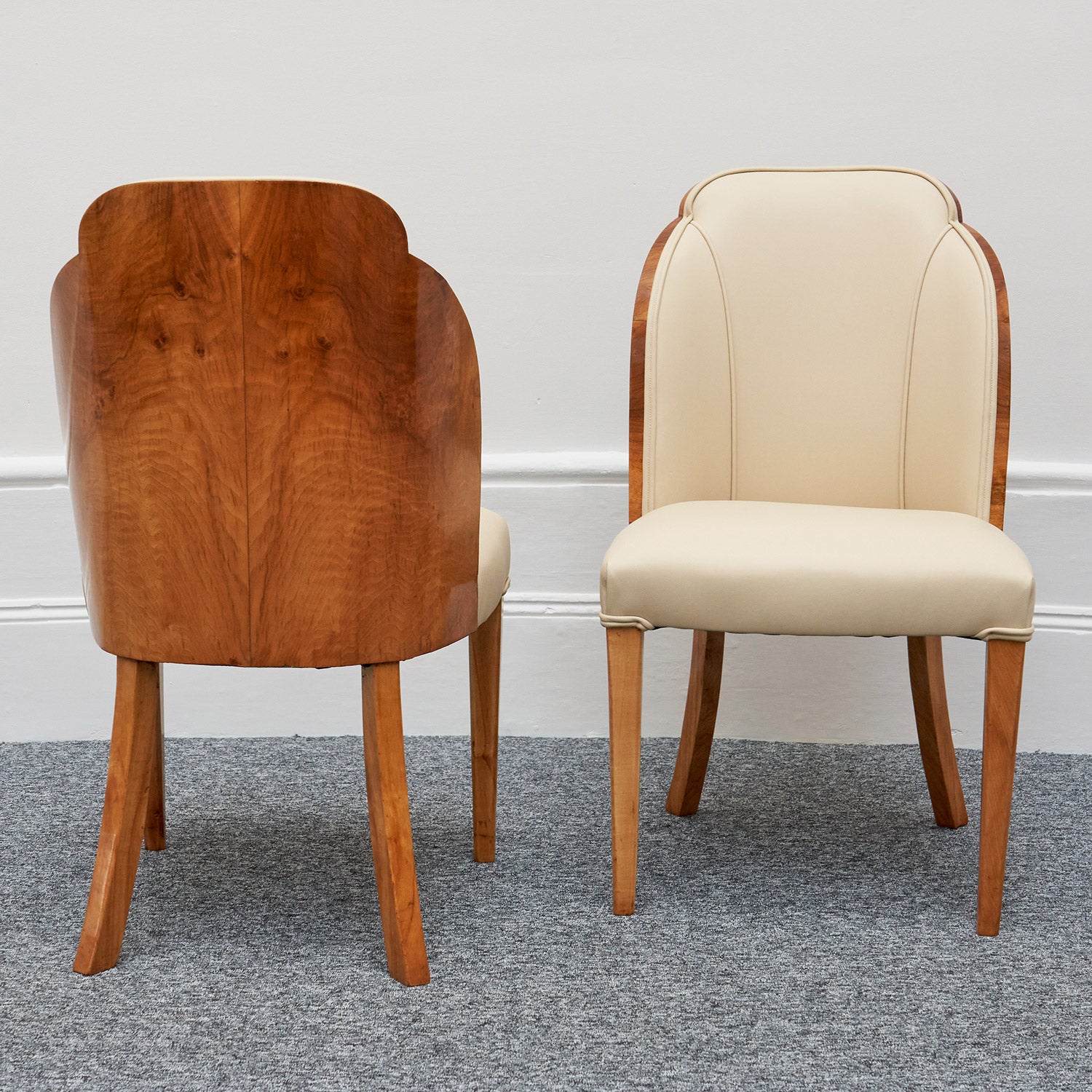 Harry & Lou Epstein Art Deco Cloud Chairs Burr Walnut , Re-upholstered in cream leather - Jeroen Markies Art Deco