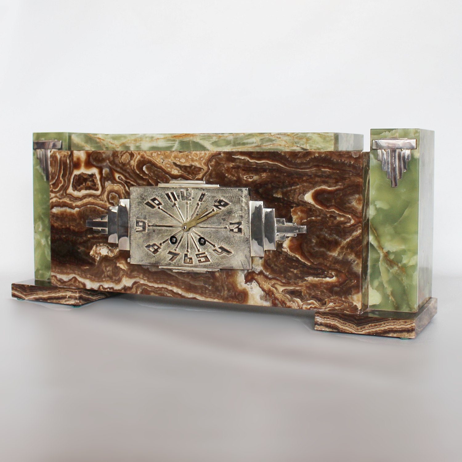 Art Deco Mantel Clock  in onyx and silvered bronze att to Geroges Lavroff at Jeroen Markies