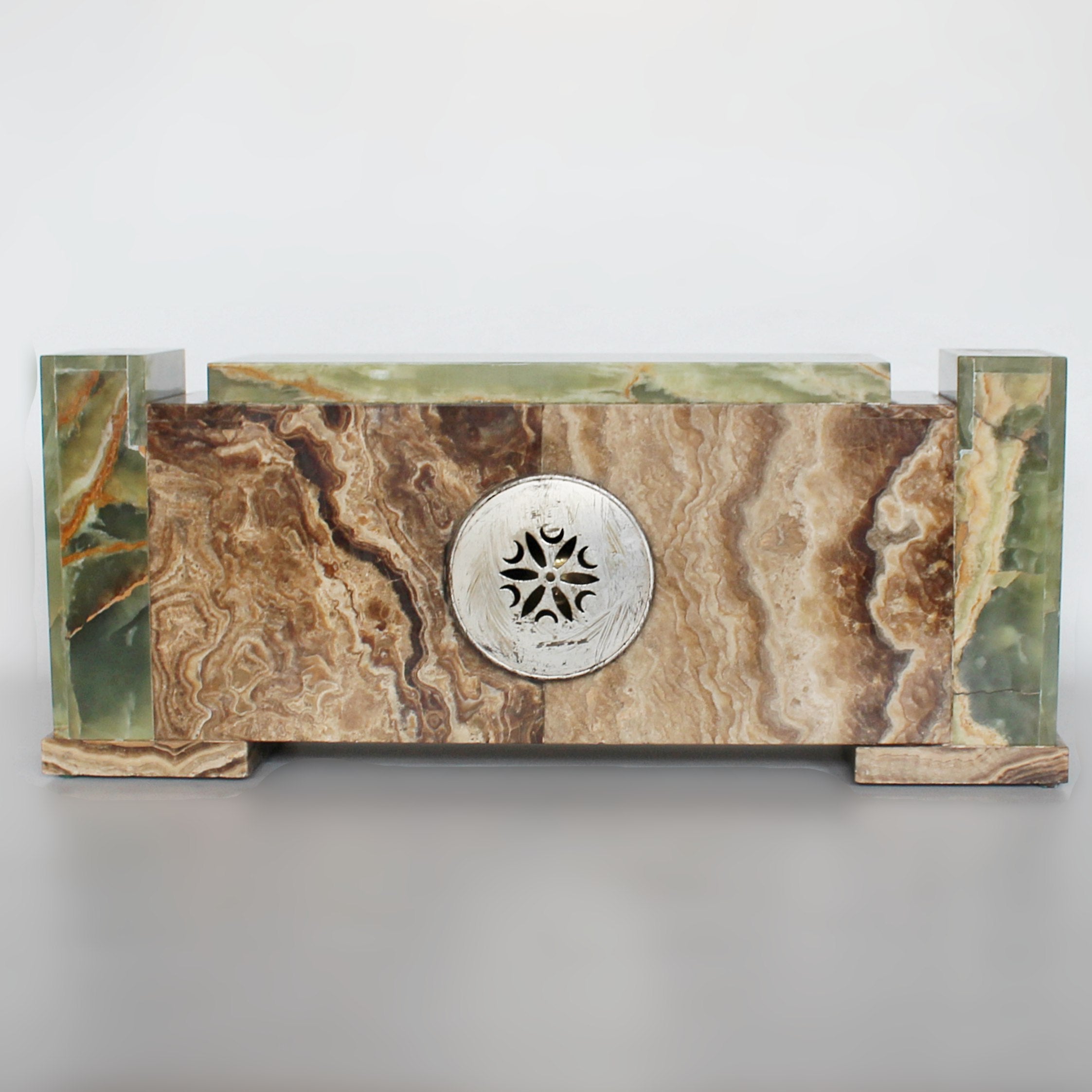 Art Deco Mantel Clock  in onyx and silvered bronze att to Geroges Lavroff at Jeroen Markies