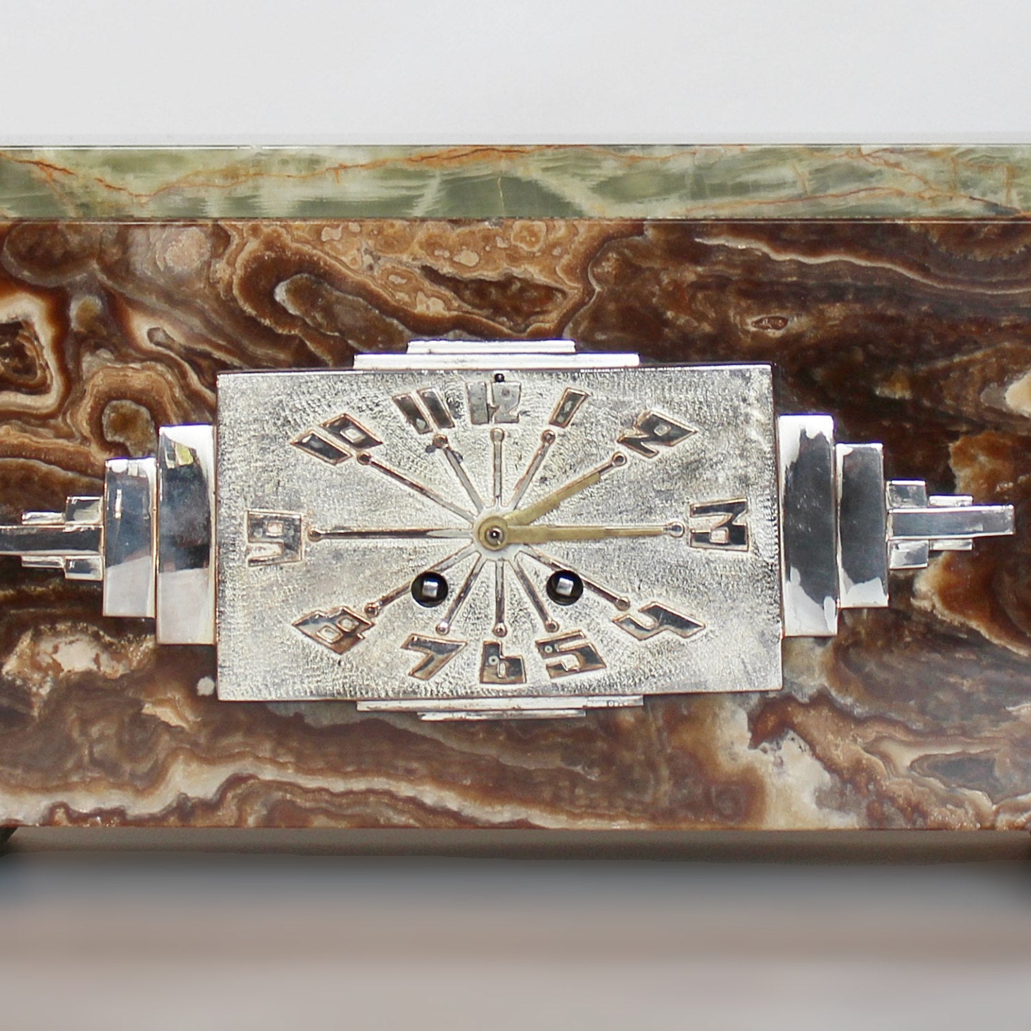 Art Deco Mantel Clock  in onyx and silvered bronze att to Geroges Lavroff at Jeroen Markies