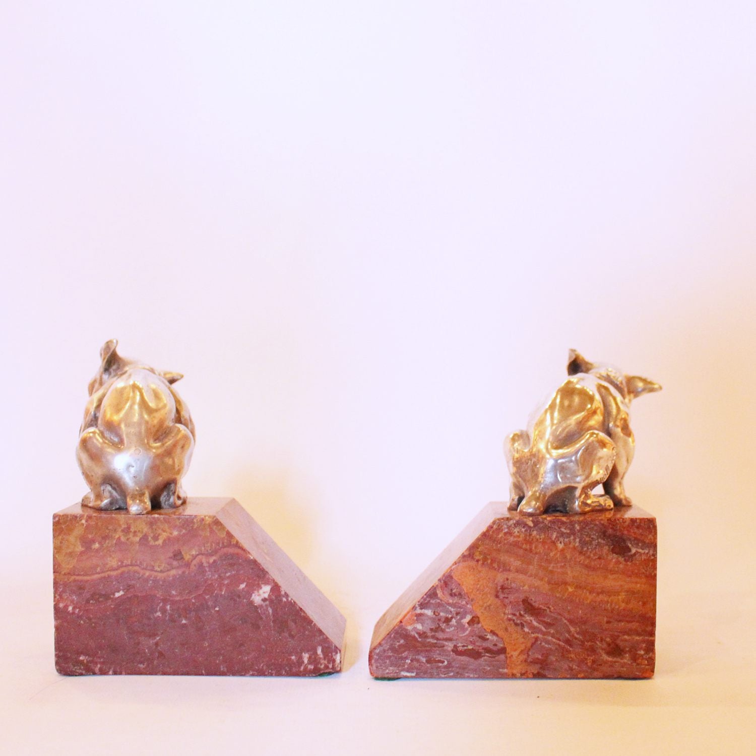 Art Deco French bulldog bookends in silvered bronze at Jeroen Markies