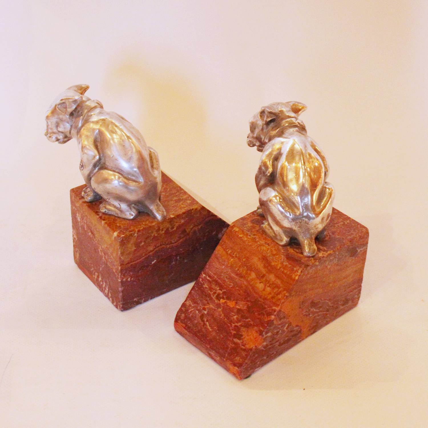 Art Deco French bulldog bookends in silvered bronze at Jeroen Markies