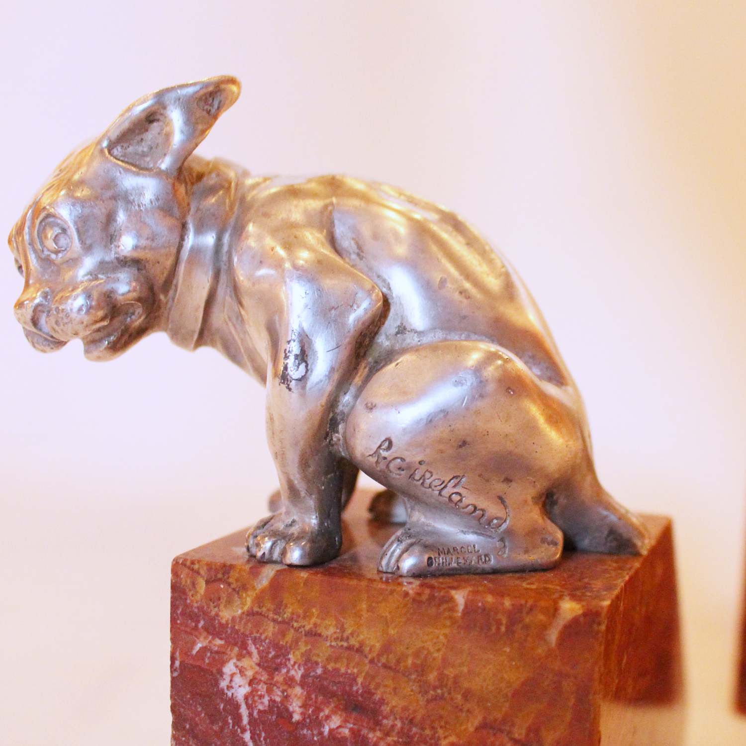 Art Deco French bulldog bookends in silvered bronze at Jeroen Markies