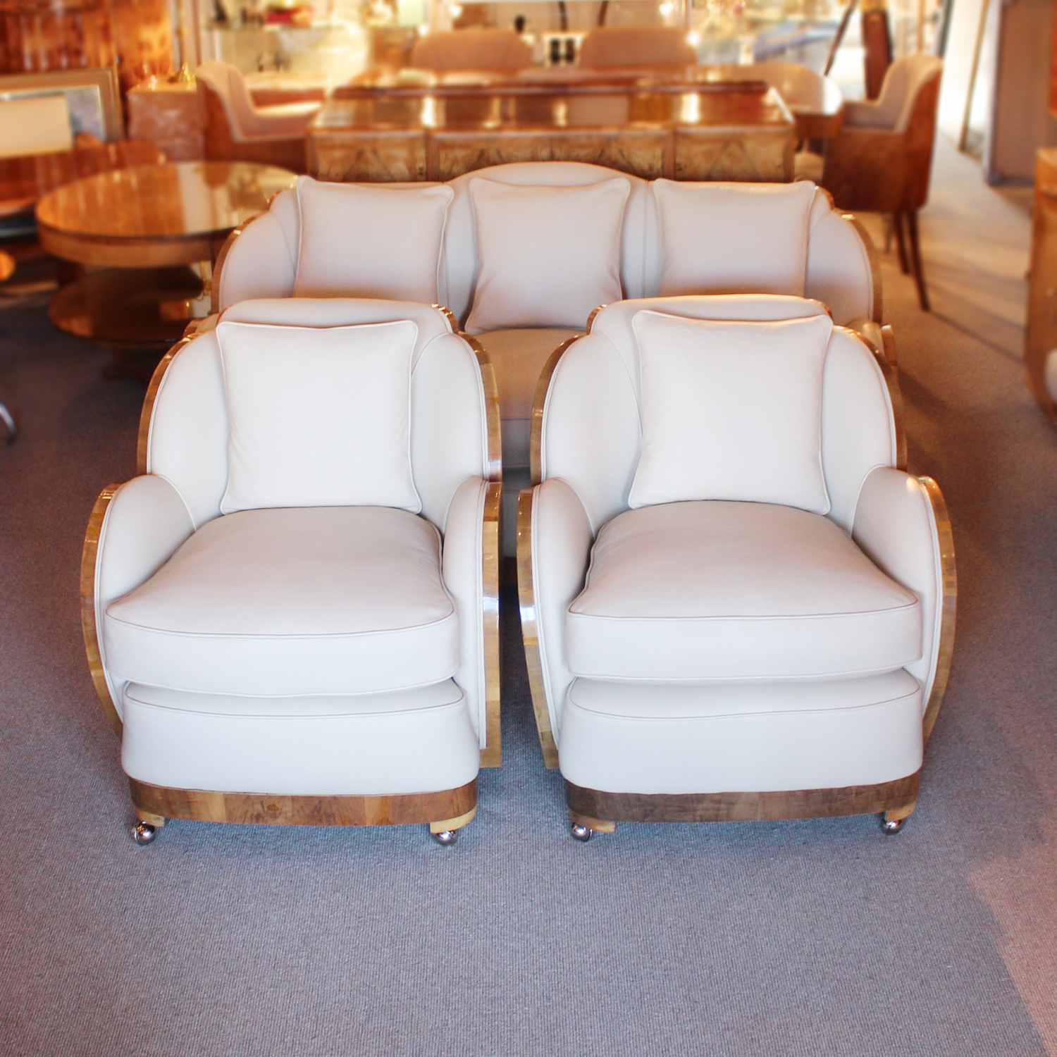 Epstein Art Deco three piece cloud suite with walnut wraps at Jeroen Markies
