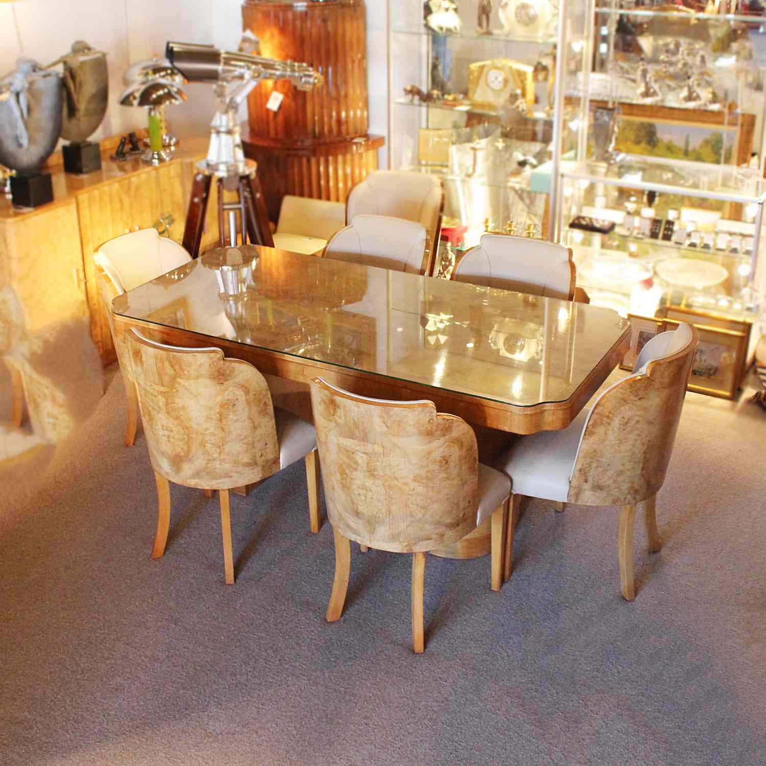 Epstein Art Deco six seat dining suite in walnut and cream leather at Jeroen Markies