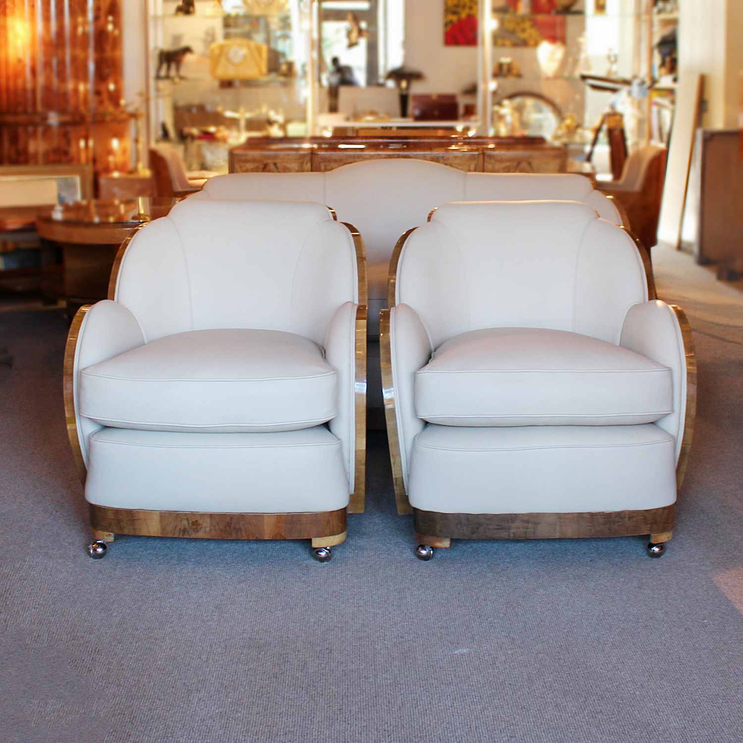 Epstein Art Deco three piece cloud suite with walnut wraps at Jeroen Markies