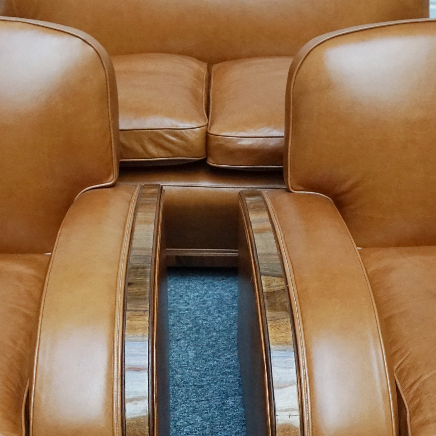 Original Art Deco Three Piece Tank Suite- Brown Leather-Walnut Banding- Jeroen Markies Art Deco