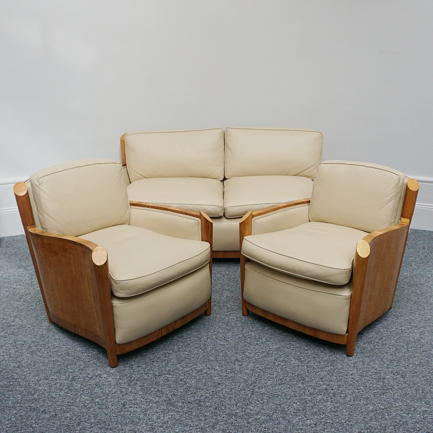 Vintage Art Deco Sofa and Chairs Leather Upholstery and Birdseye Maple - Jeroen Markies Art Deco