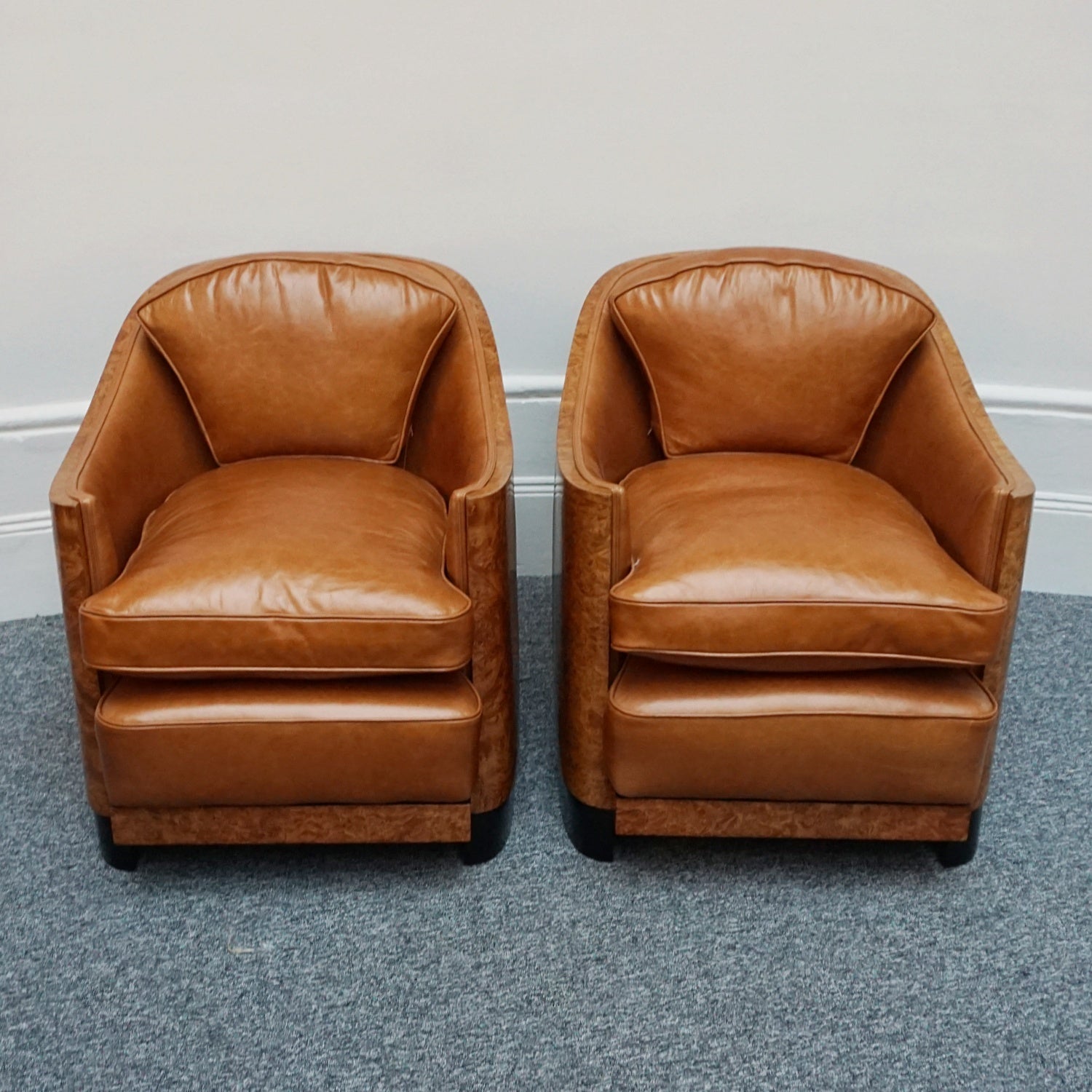 Pair of Vintage Maurice Adams Art Deco Club Lounge Chairs in Burr Walnut with Brown Leather Re-upholstery - Jeroen Markies Art Deco
