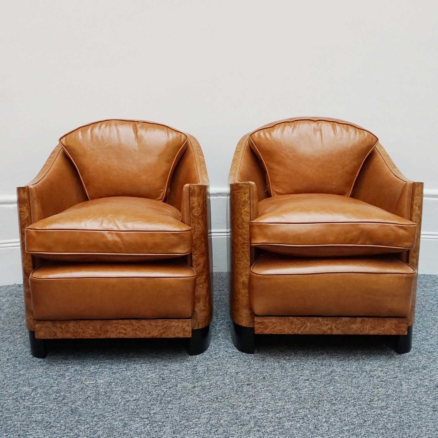 Pair of Vintage Maurice Adams Art Deco Club Lounge Chairs in Burr Walnut with Brown Leather Re-upholstery - Jeroen Markies Art Deco