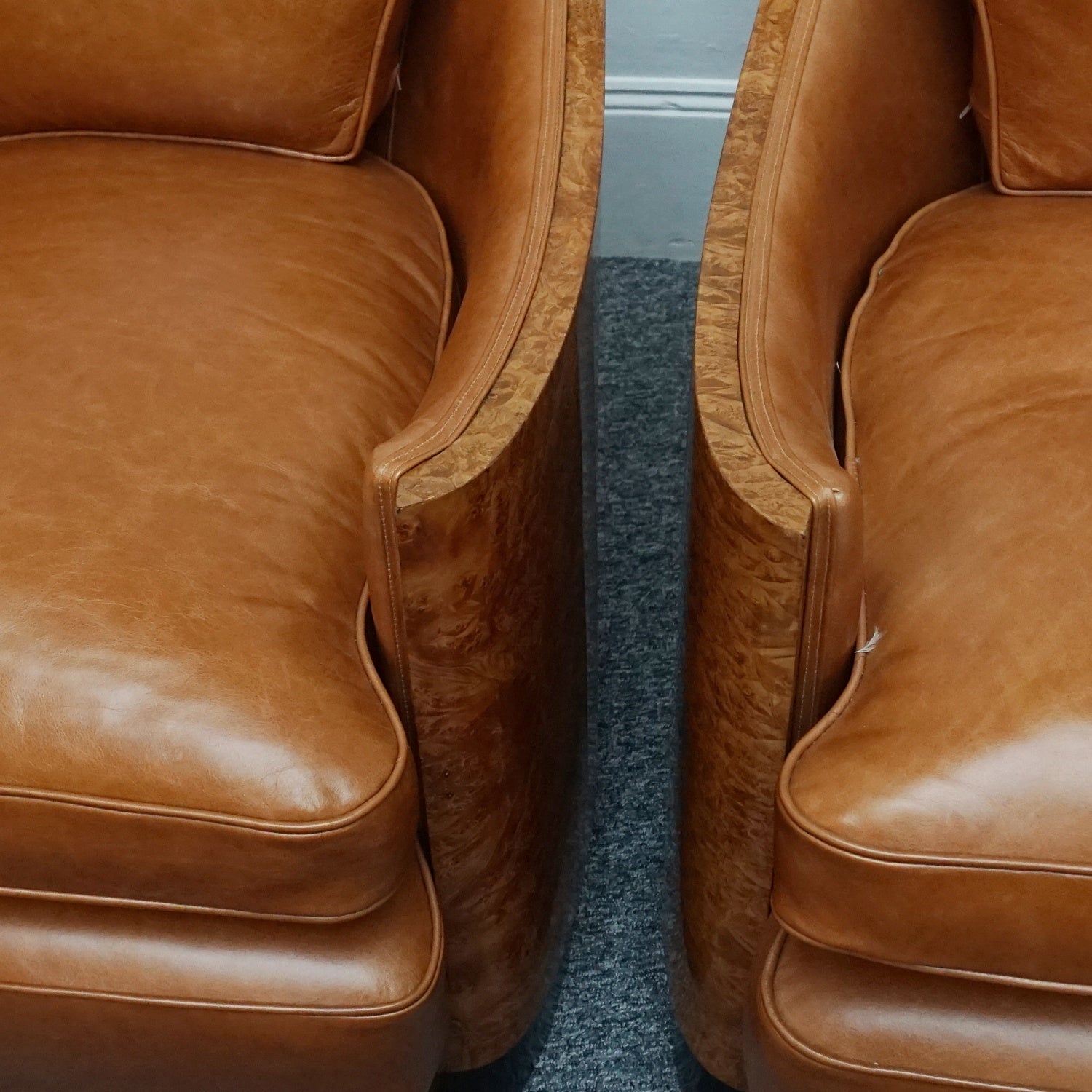 Pair of Vintage Maurice Adams Art Deco Club Lounge Chairs in Burr Walnut with Brown Leather Re-upholstery - Jeroen Markies Art Deco
