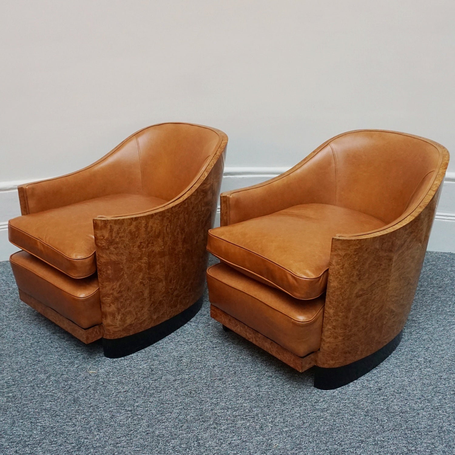 Pair of Vintage Maurice Adams Art Deco Club Lounge Chairs in Burr Walnut with Brown Leather Re-upholstery - Jeroen Markies Art Deco