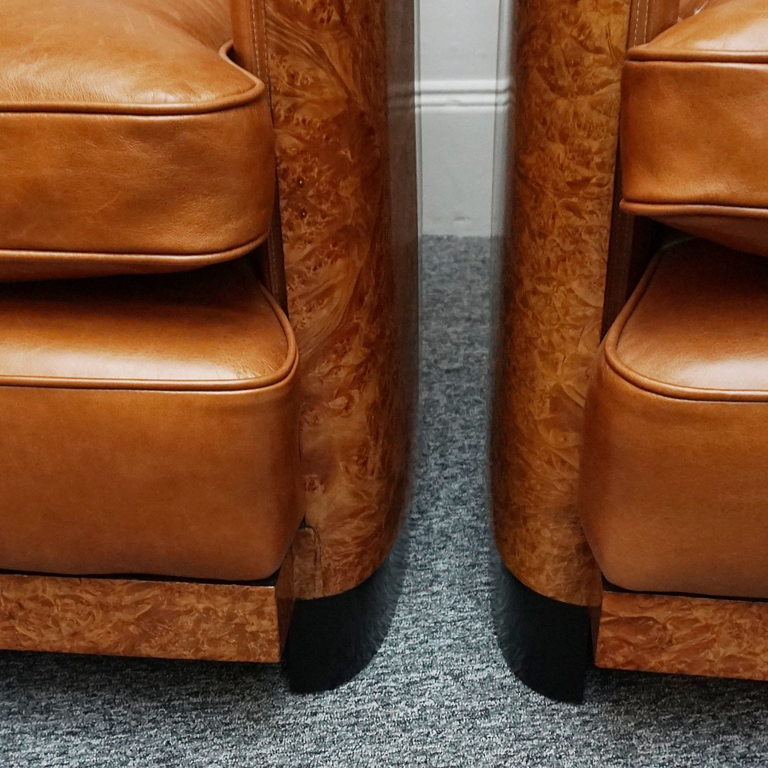 Pair of Vintage Maurice Adams Art Deco Club Lounge Chairs in Burr Walnut with Brown Leather Re-upholstery - Jeroen Markies Art Deco