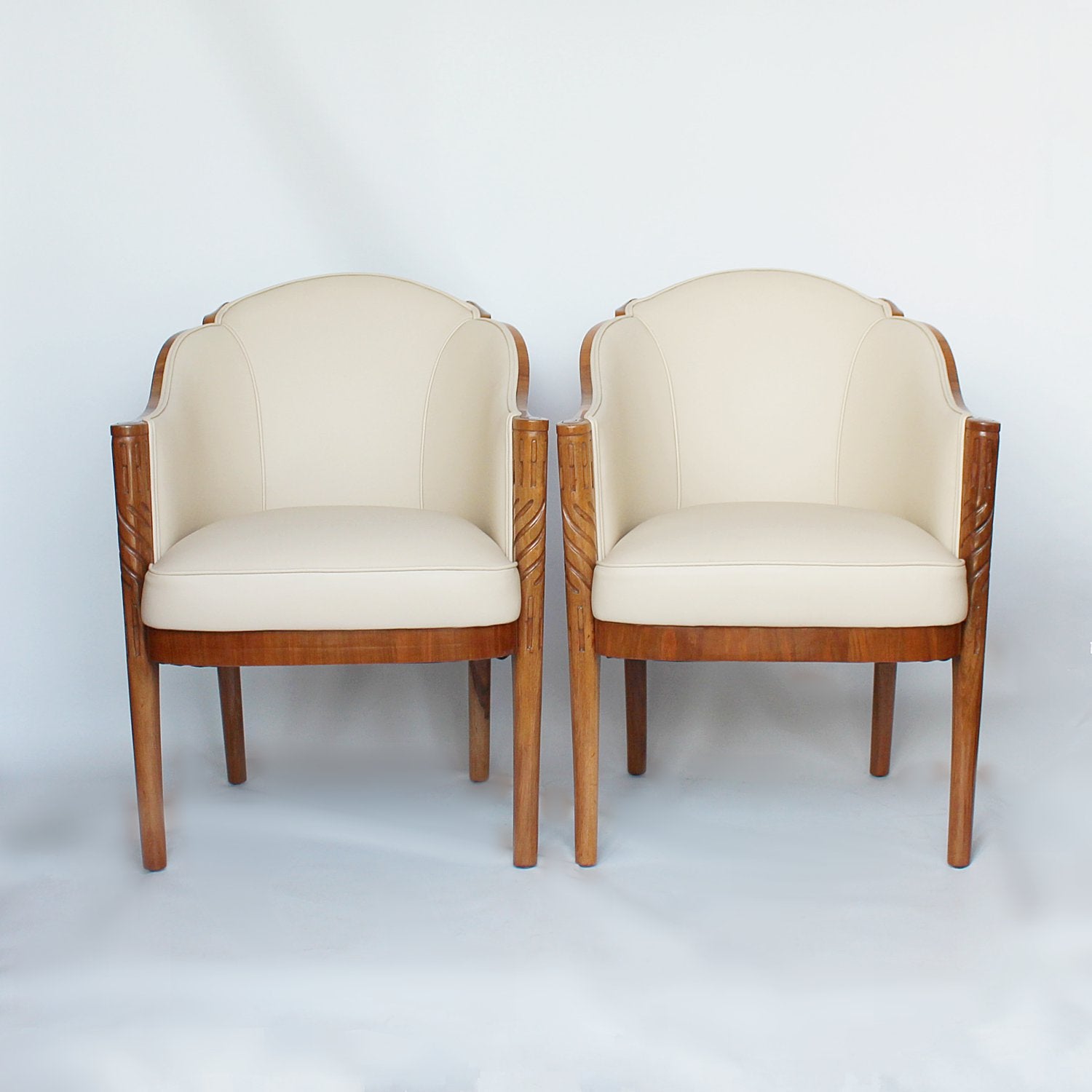 Maurice Adams Art deco armchairs with solid walnut legs circa 1930