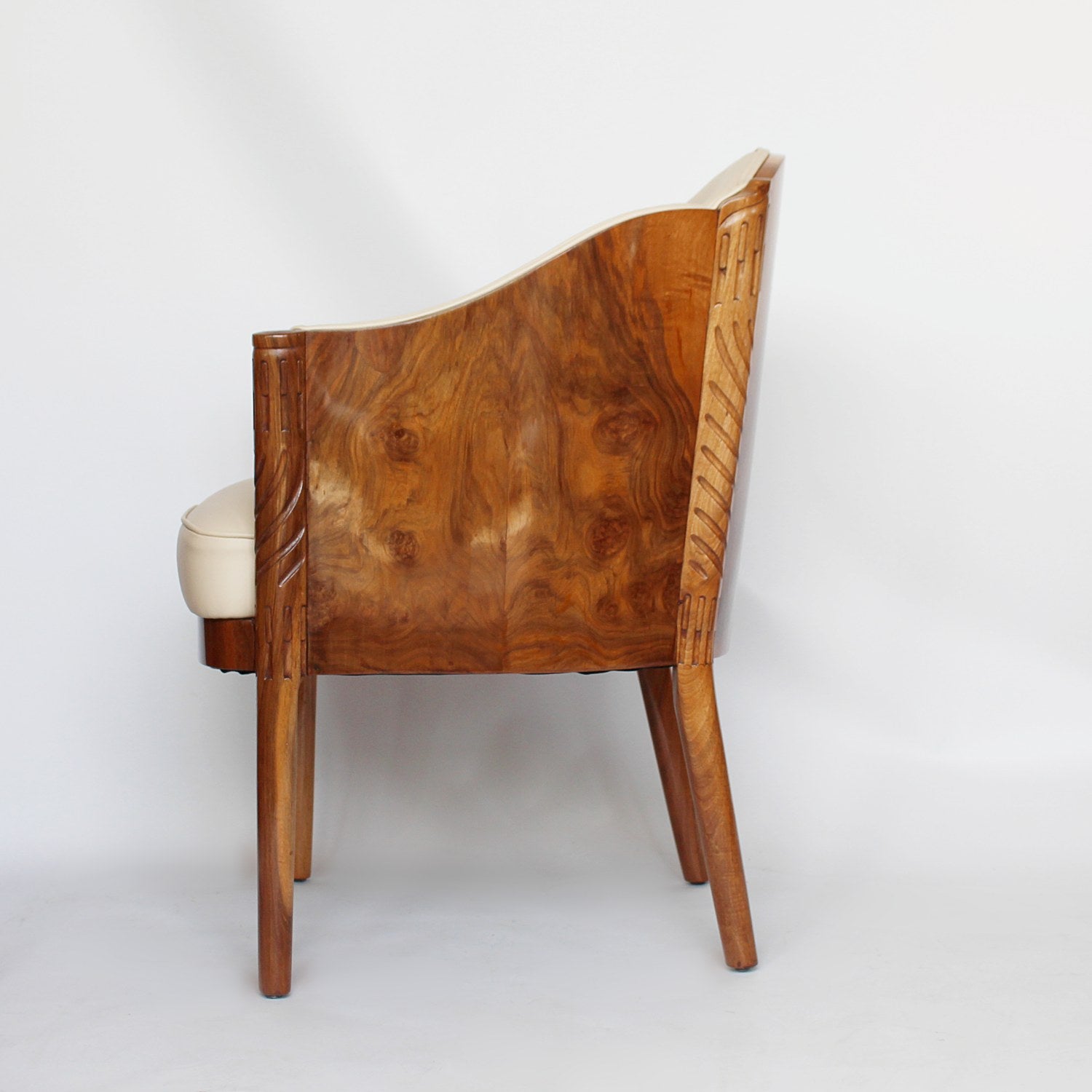 Maurice Adams Art deco armchairs with solid walnut legs circa 1930