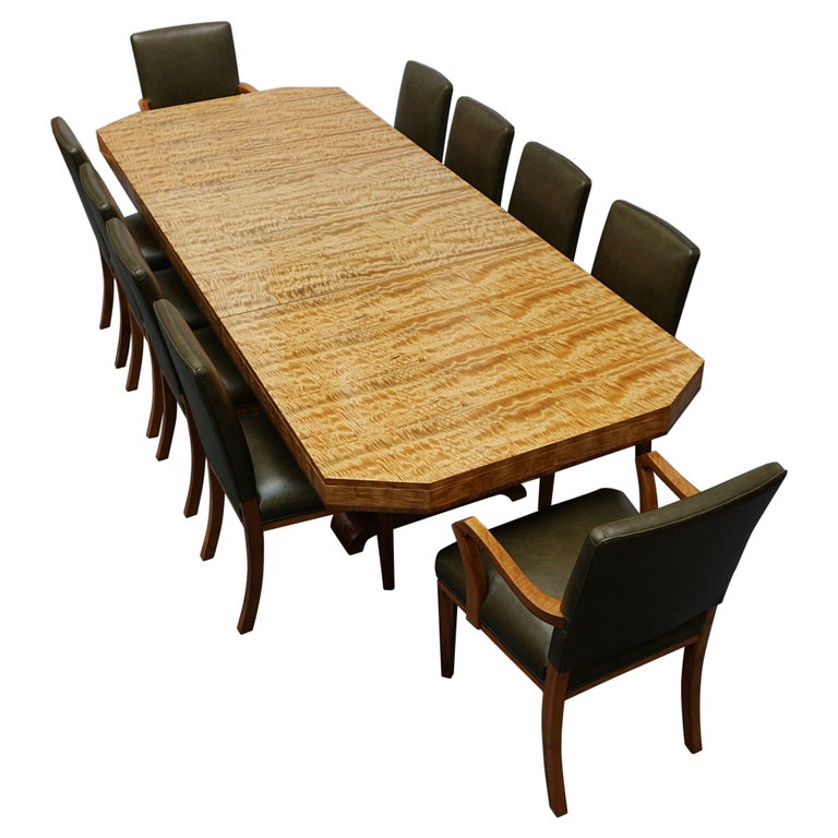 Vintage Art Deco Ten Seater Waring & Gillow Satinwood and Green Leather Dining Suite - Art Deco Dining Table and Ten Chairs - Jeroen Markies Art Deco