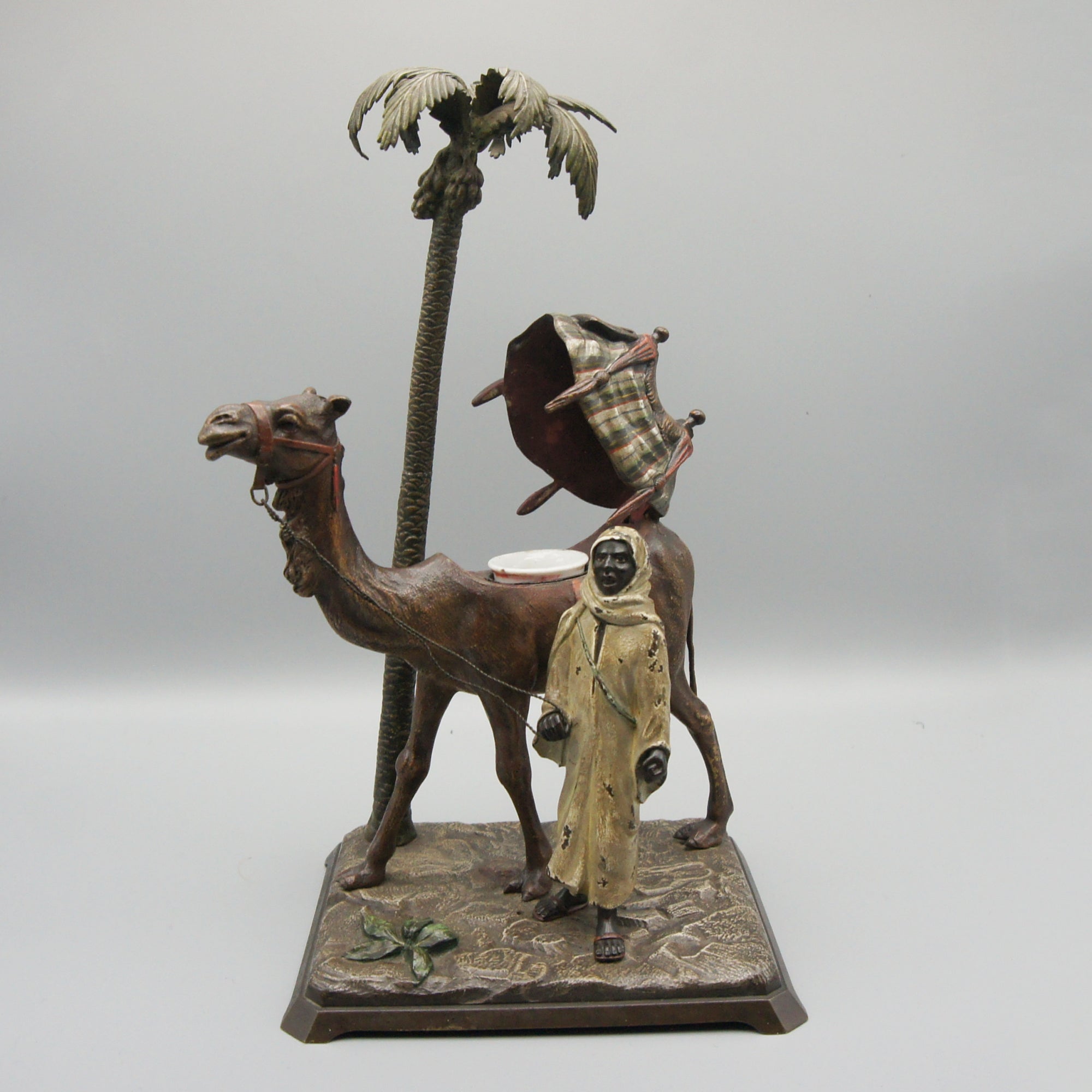 Franz Bergman 'Bedouin Under Palm Tree with Camel' Bronze Sculpture | Austrian Cold Painted Bronze Sculpture | Original Bergman Bronze - Markies Antiques Ltd