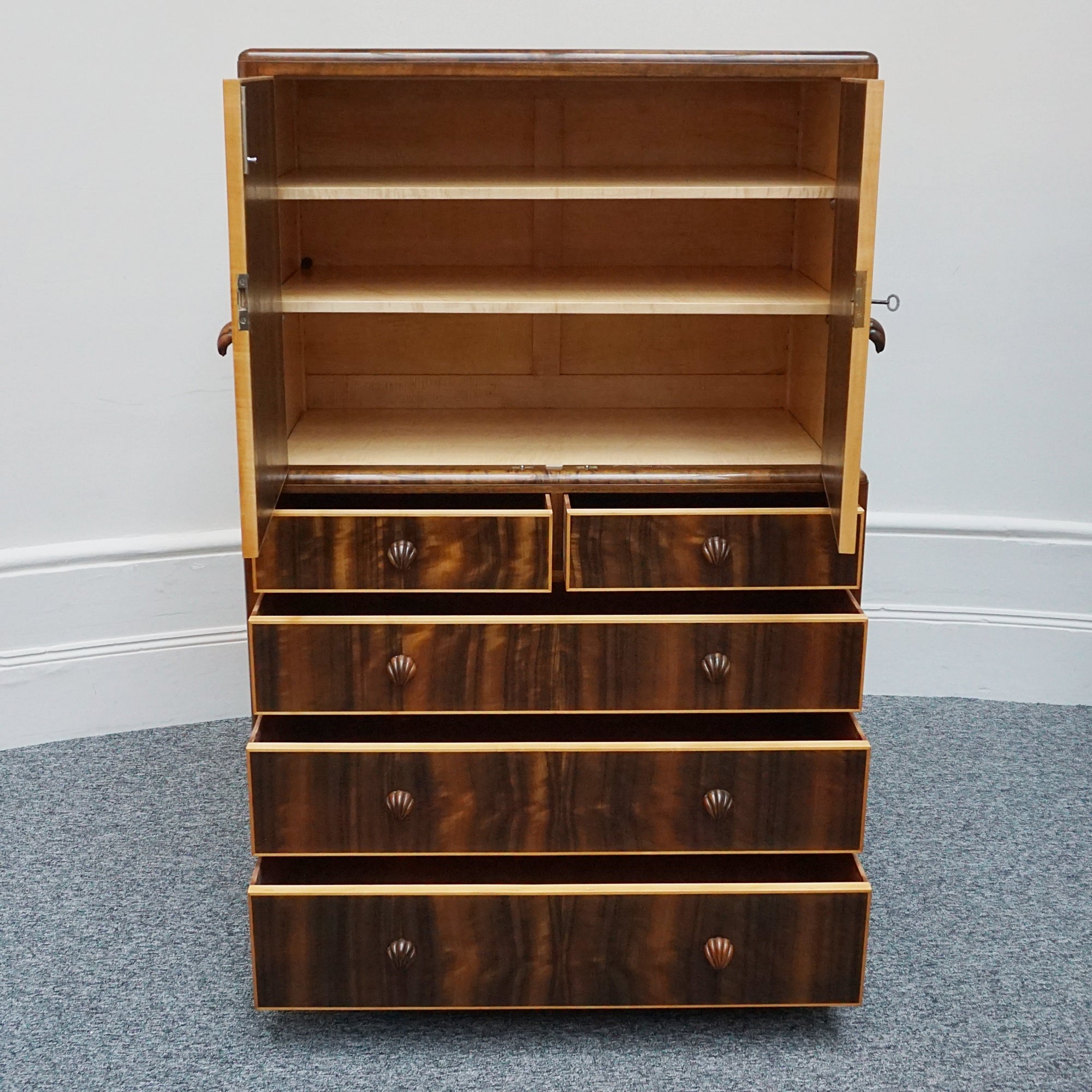 Art Deco Linen Press by Betty Joel. Original Shell Handles, Macassar Ebony eith Walnut. 1930s Dresser - Jeroen Markies Art Deco