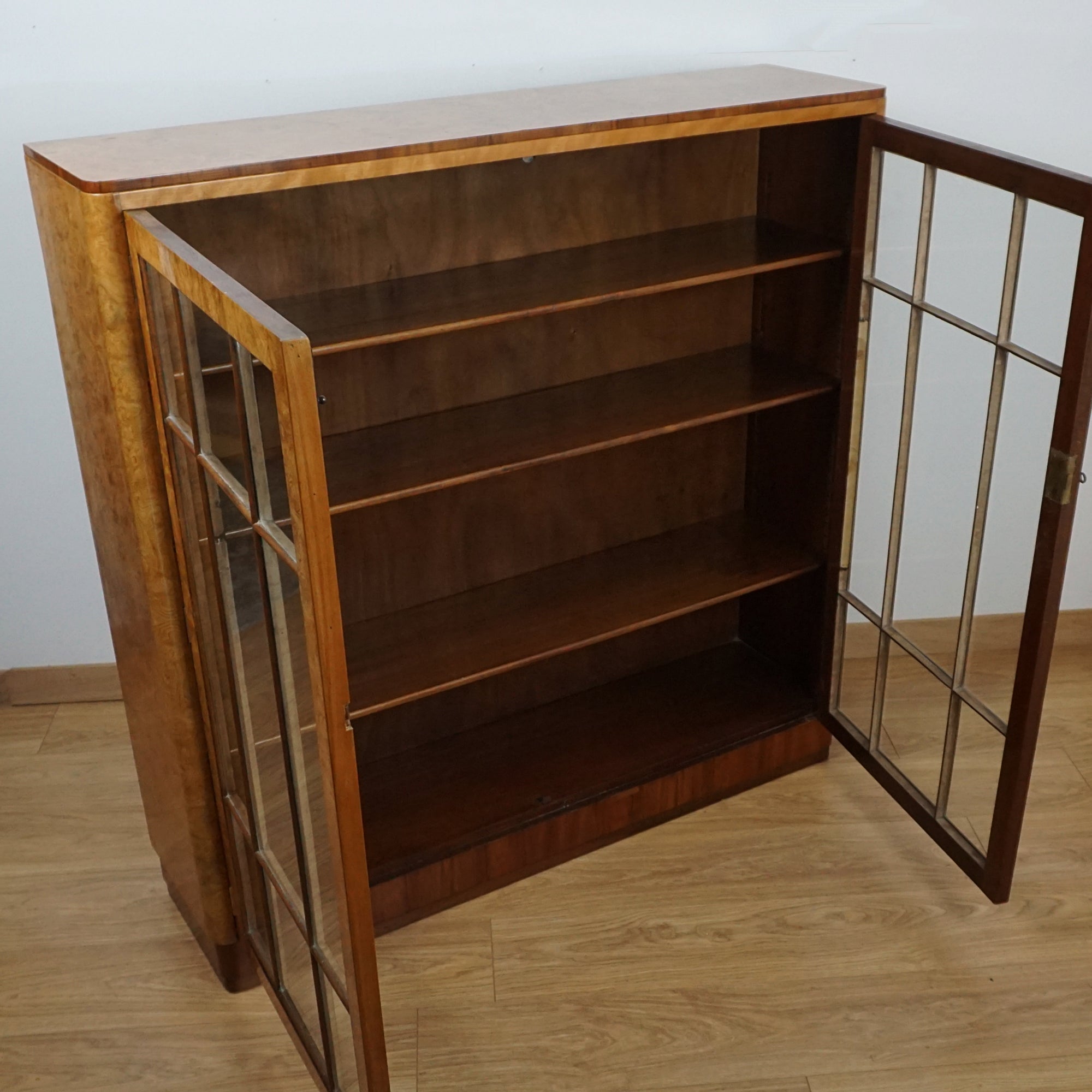 Art Deco Burr Walnut Bookcase Cabinet - Markies Antiques 