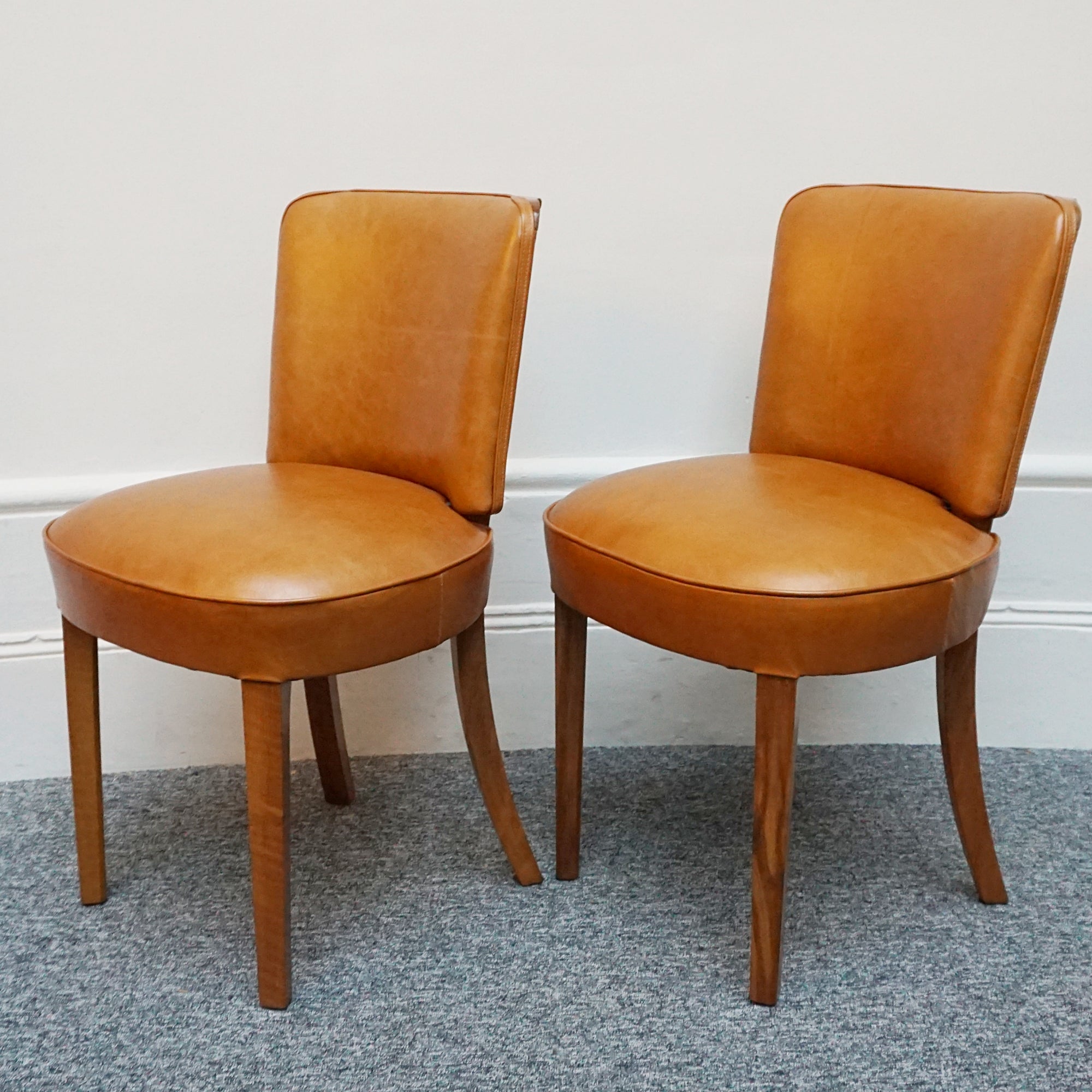 Original Art Deco Side Chairs. Tan Leather Upholstery, Burr Walnut Veneered. Vintage Chairs. 1930's - Jeroen Markies Art Deco