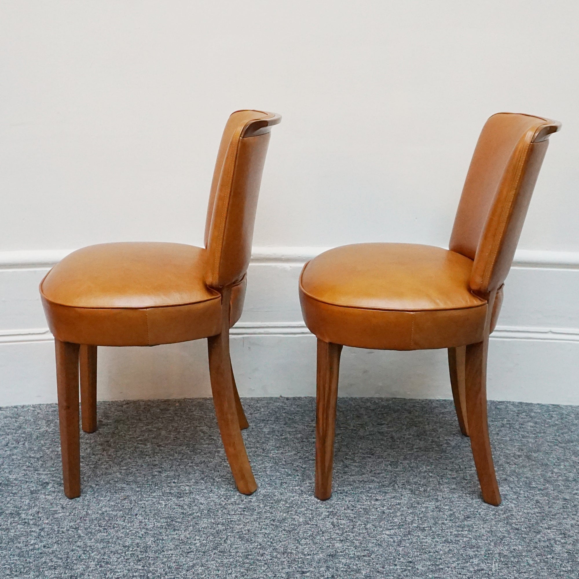 Original Art Deco Side Chairs. Tan Leather Upholstery, Burr Walnut Veneered. Vintage Chairs. 1930's - Jeroen Markies Art Deco