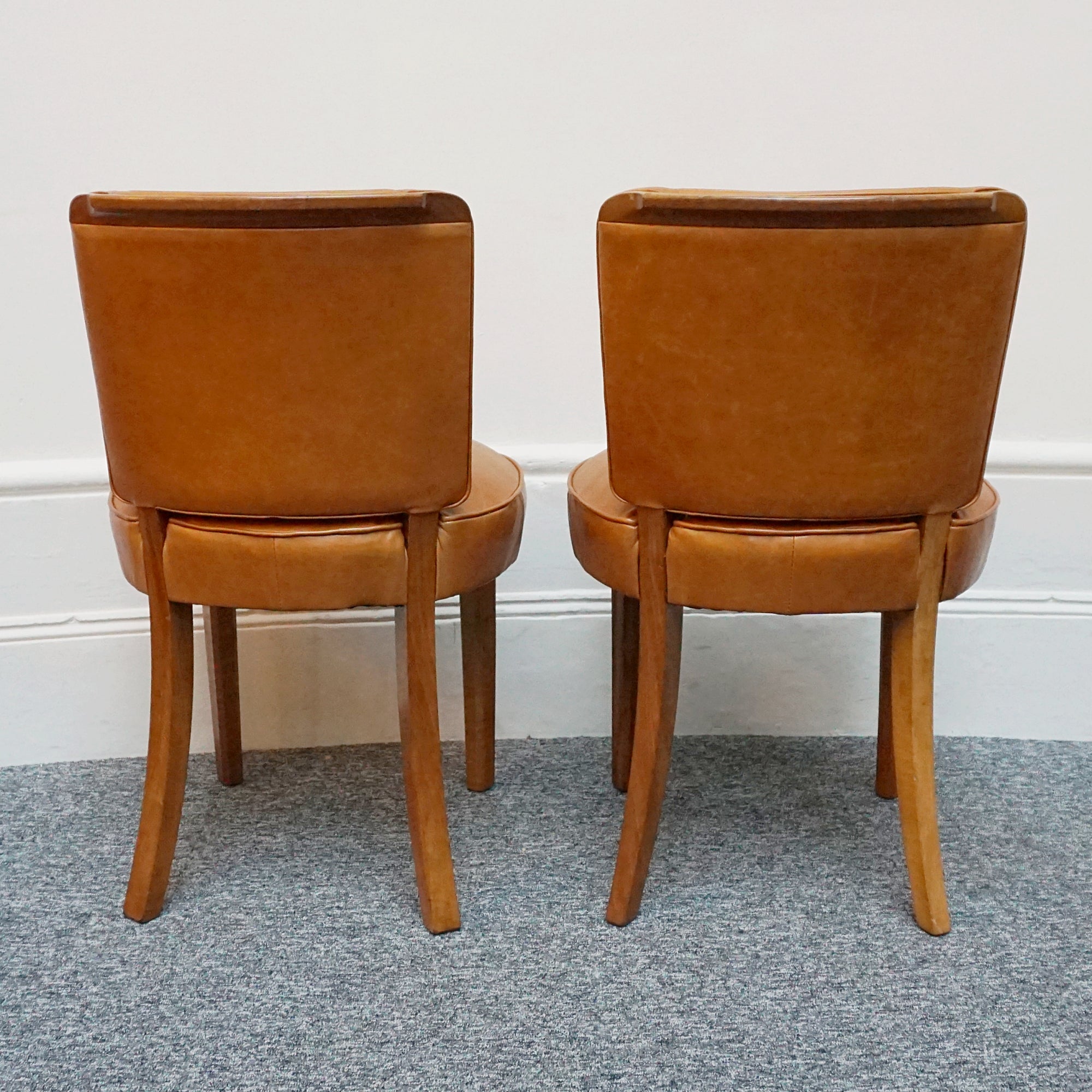 Original Art Deco Side Chairs. Tan Leather Upholstery, Burr Walnut Veneered. Vintage Chairs. 1930's - Jeroen Markies Art Deco