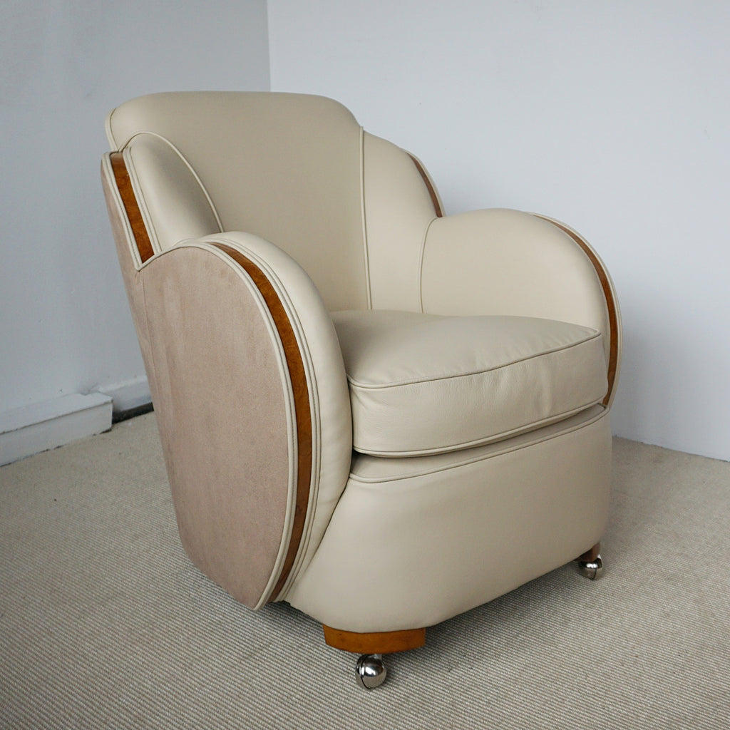Pair of Art Deco Cloud Chairs by Harry & Lou Epstein - Burr Walnut and Cream Leather Lounge Chairs - Jeroen Markies Art Deco