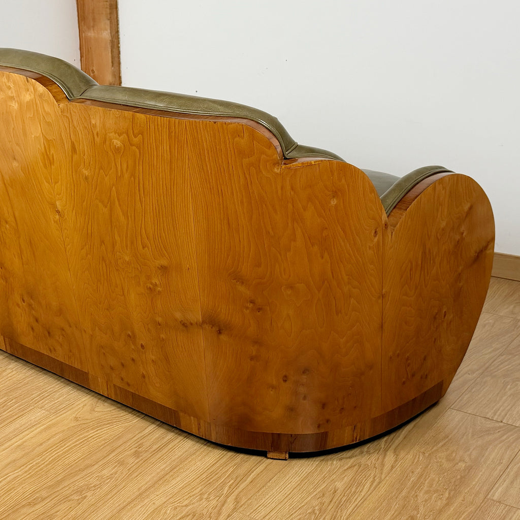 Stunning Art Deco Cloud Sofa with Burr Ash Wraparound Veneers and Green Leather Re-upholstery | Markies Antiques Ltd 